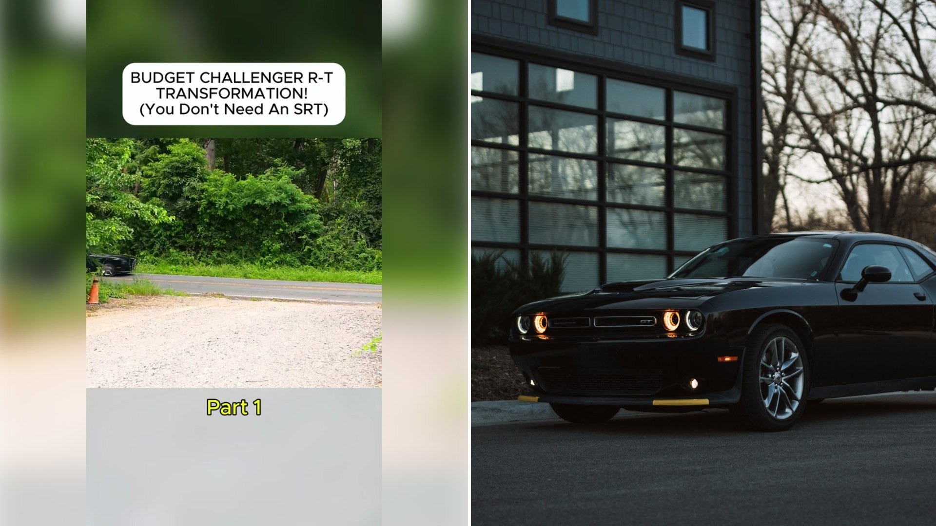 Left: TikTok still of a title frame about a budget Dodge Challenger R/T build over a wooded road. Right: a black Dodge muscle car parked in front of a building (Unsplash photo by Andrew Akabane).