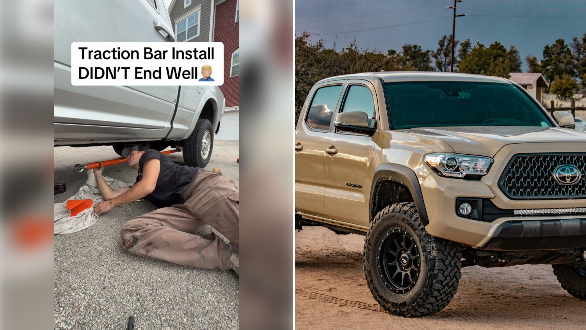 Left: TikTok still of a man lying on the pavement beneath a truck. Right: a tan Toyota Tacoma on a dirt road (Unsplash photo by Dusty Barnes).