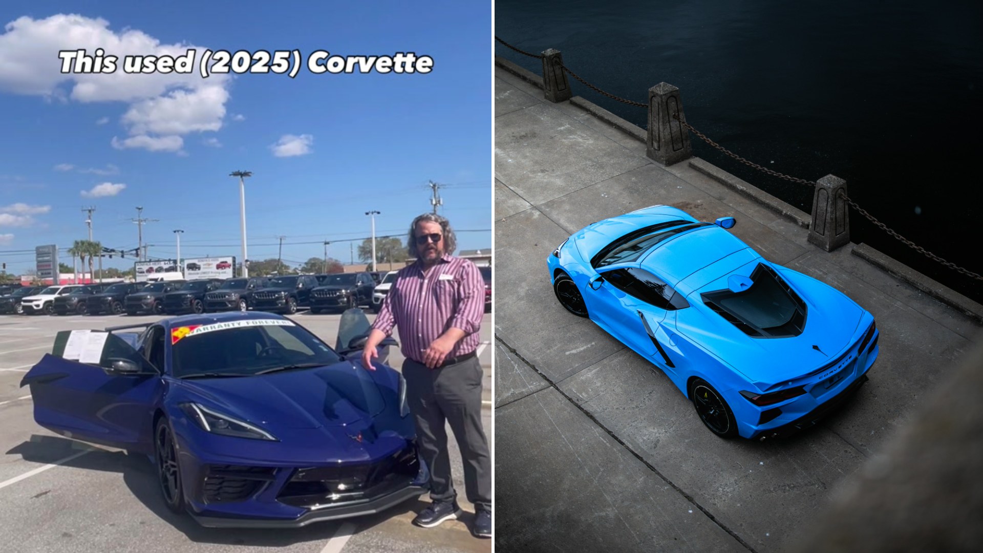 Split image: a smiling salesman in a striped shirt standing beside a dark blue Corvette in a dealership lot with the caption "This used (2025) Corvette", next to a bright blue mid-engine sports car parked by the water at dusk