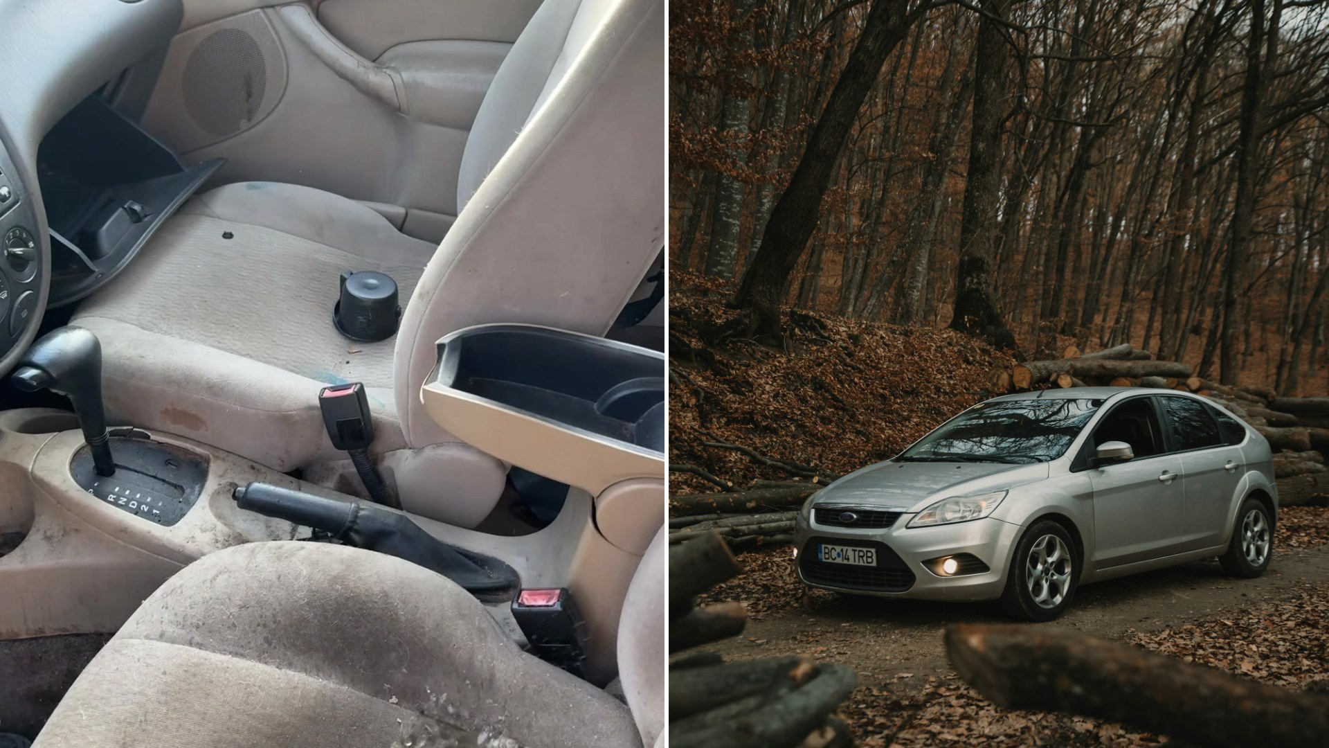 Split image: a worn tan Ford Focus interior with a heavily stained driver seat and dusty console, next to a silver Ford Focus hatchback parked on a leafy forest road