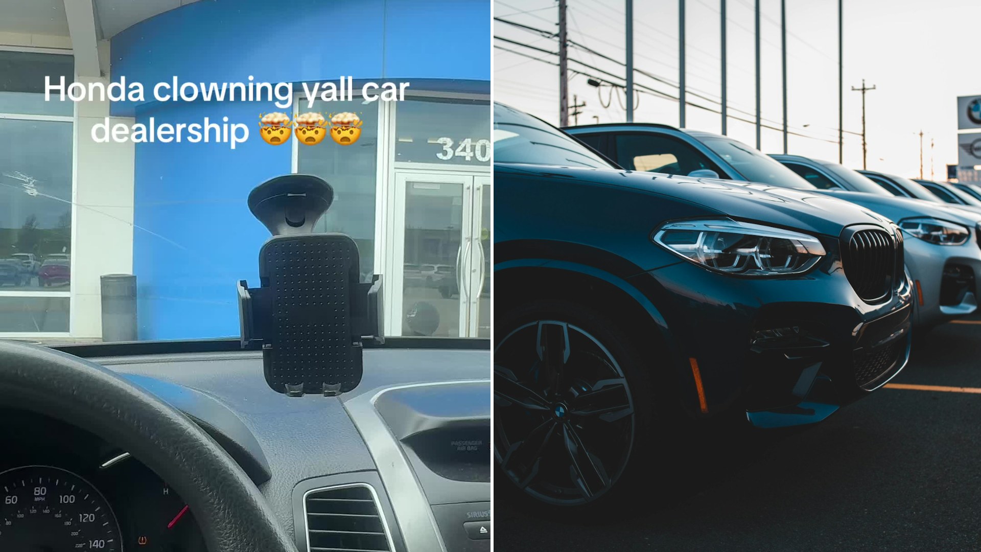 Split image: the view from a car dashboard toward a blue dealership building with the caption "Honda clowning y'all car dealership", next to a row of dark SUVs parked in a dealership lot