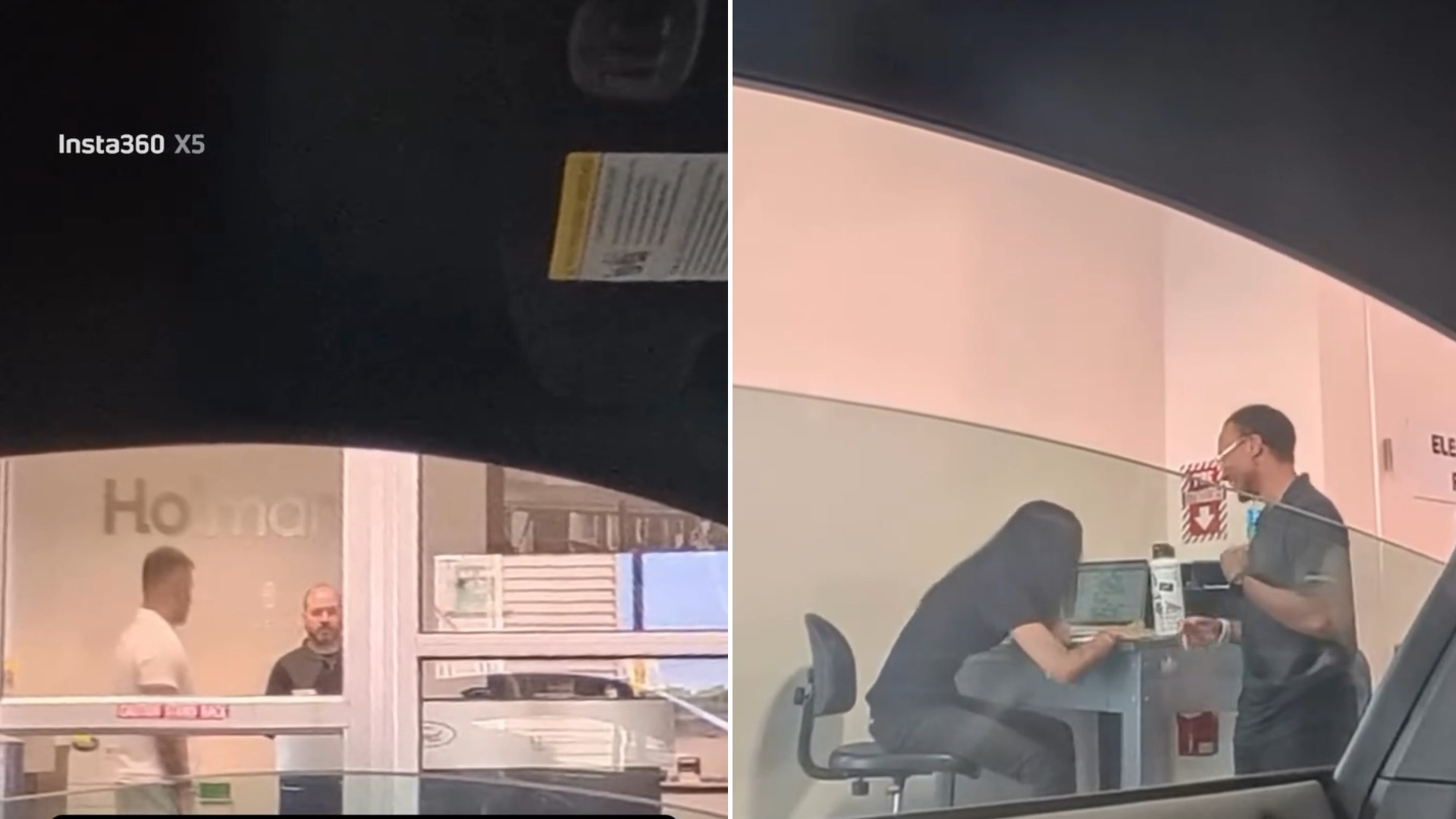 Two dashcam frames from the gt500horsepower Instagram reel: left, the Holman Ford service entrance seen through the windshield with two staff at the counter; right, the service advisor desk inside the bay