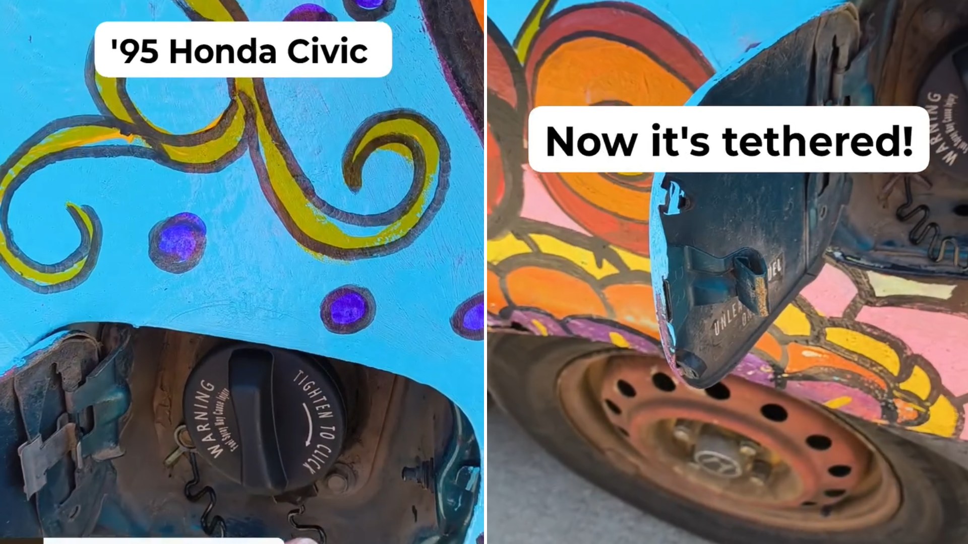 Woman Keeps Losing the Gas Cap on Her Hand-Painted Vintage Car, So She Demonstrates the Simple Tethered Fix She Hopes Will Finally Be the Last One She Needs