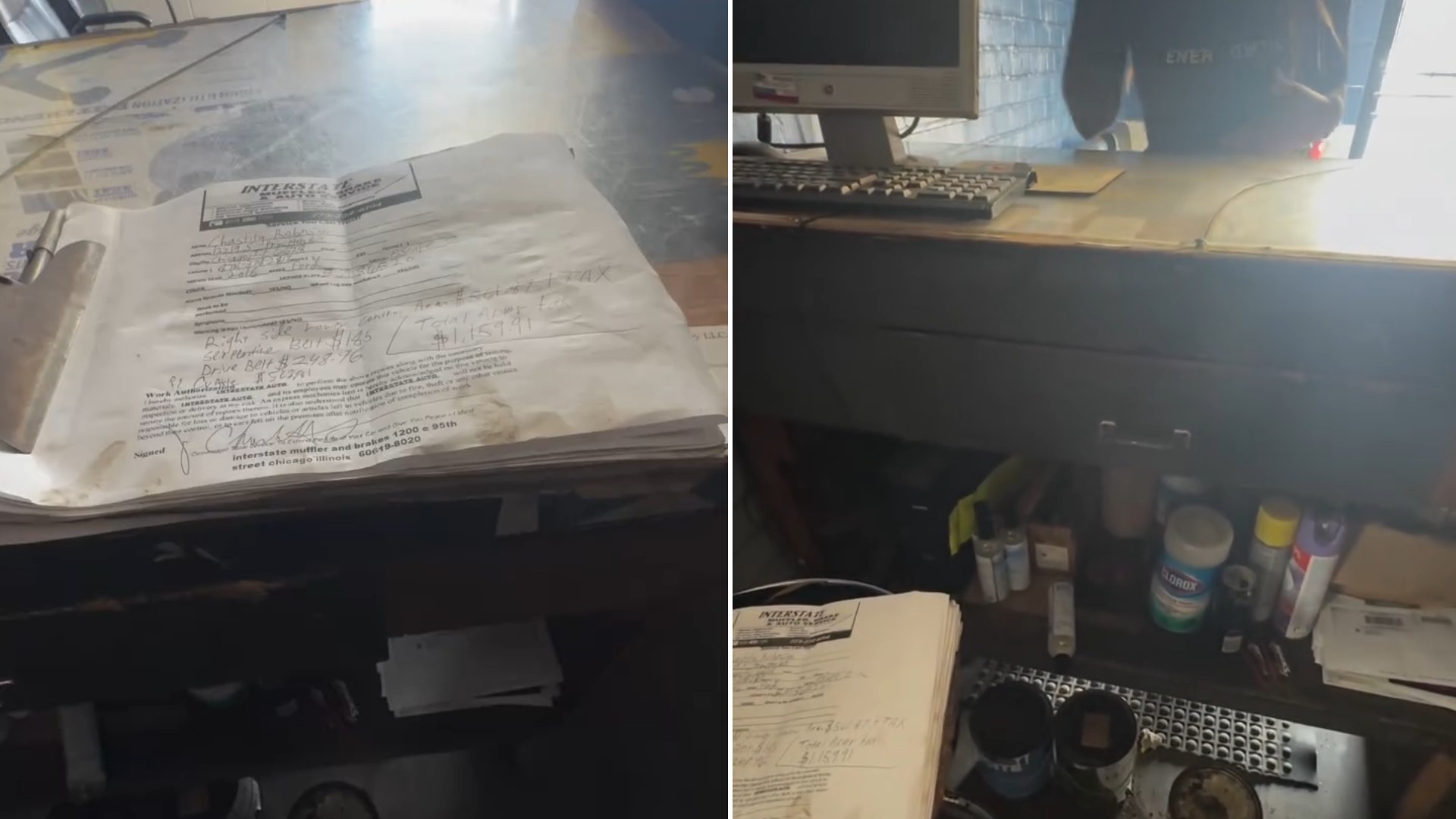 Two frames from the interstateautorepair Instagram reel: left, the customer-signed repair estimate lying on the shop counter; right, the front counter of the repair shop where the dispute took place
