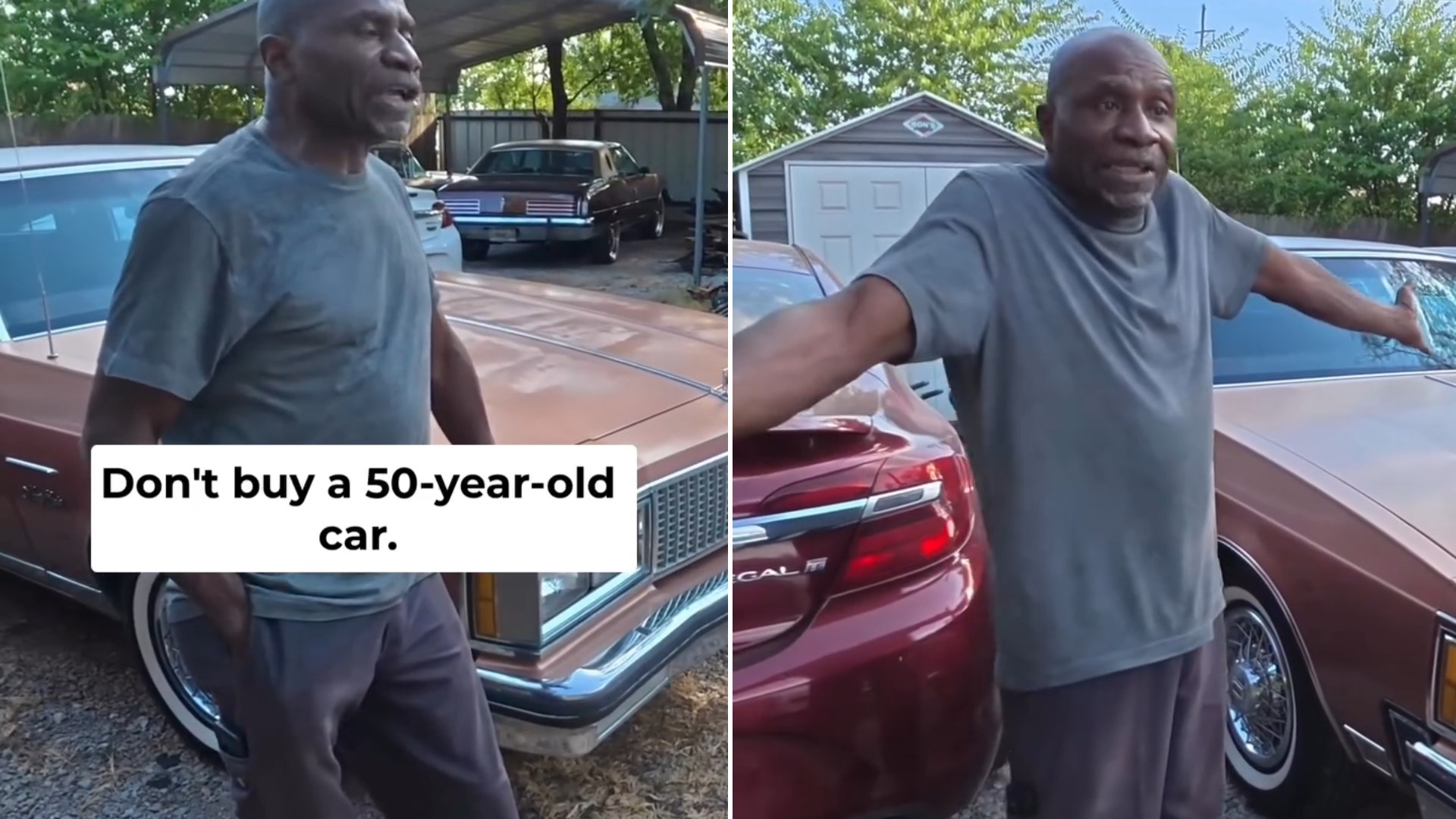 Split image: an older man in a grey t-shirt stands beside a brown 1970s sedan with the caption Don't buy a 50-year-old car, next to the same man gesturing between a red car and the brown sedan in his yard
