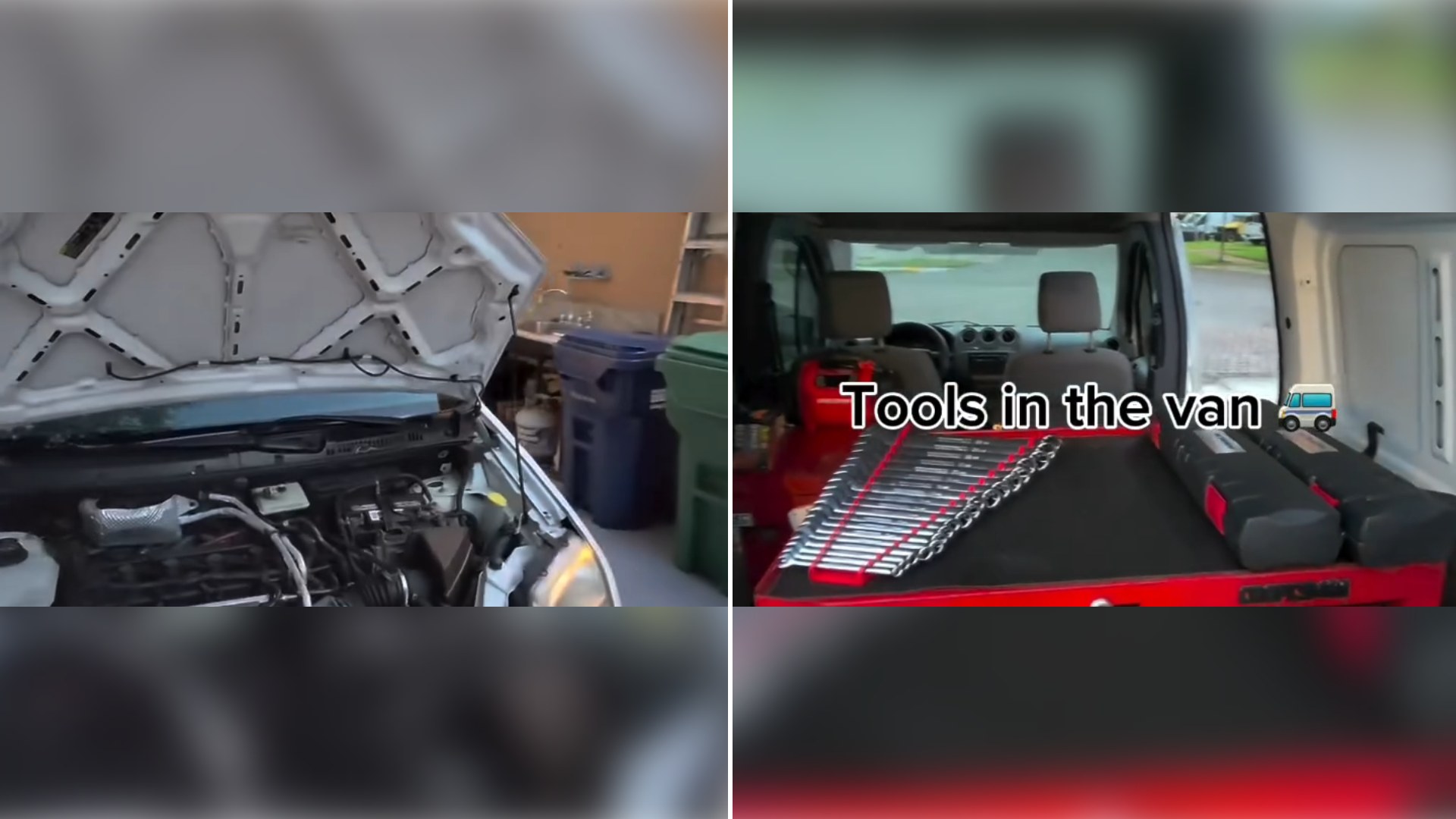 Split image: a white van with its hood open showing the engine bay, next to the inside of the van with a row of wrenches laid out captioned tools in the van