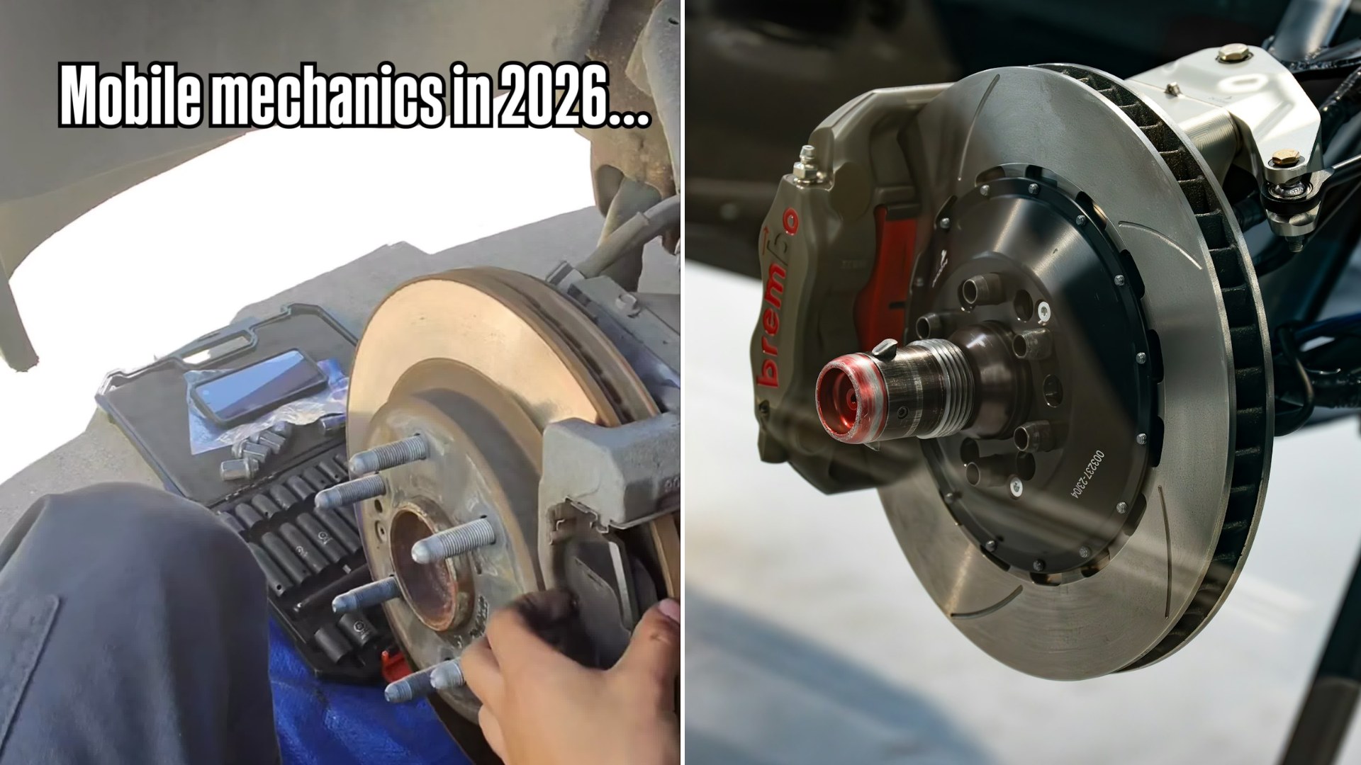Split image: a mechanic working on a brake rotor and wheel studs with the caption "Mobile mechanics in 2026...", next to a close-up of a slotted brake rotor and red caliper
