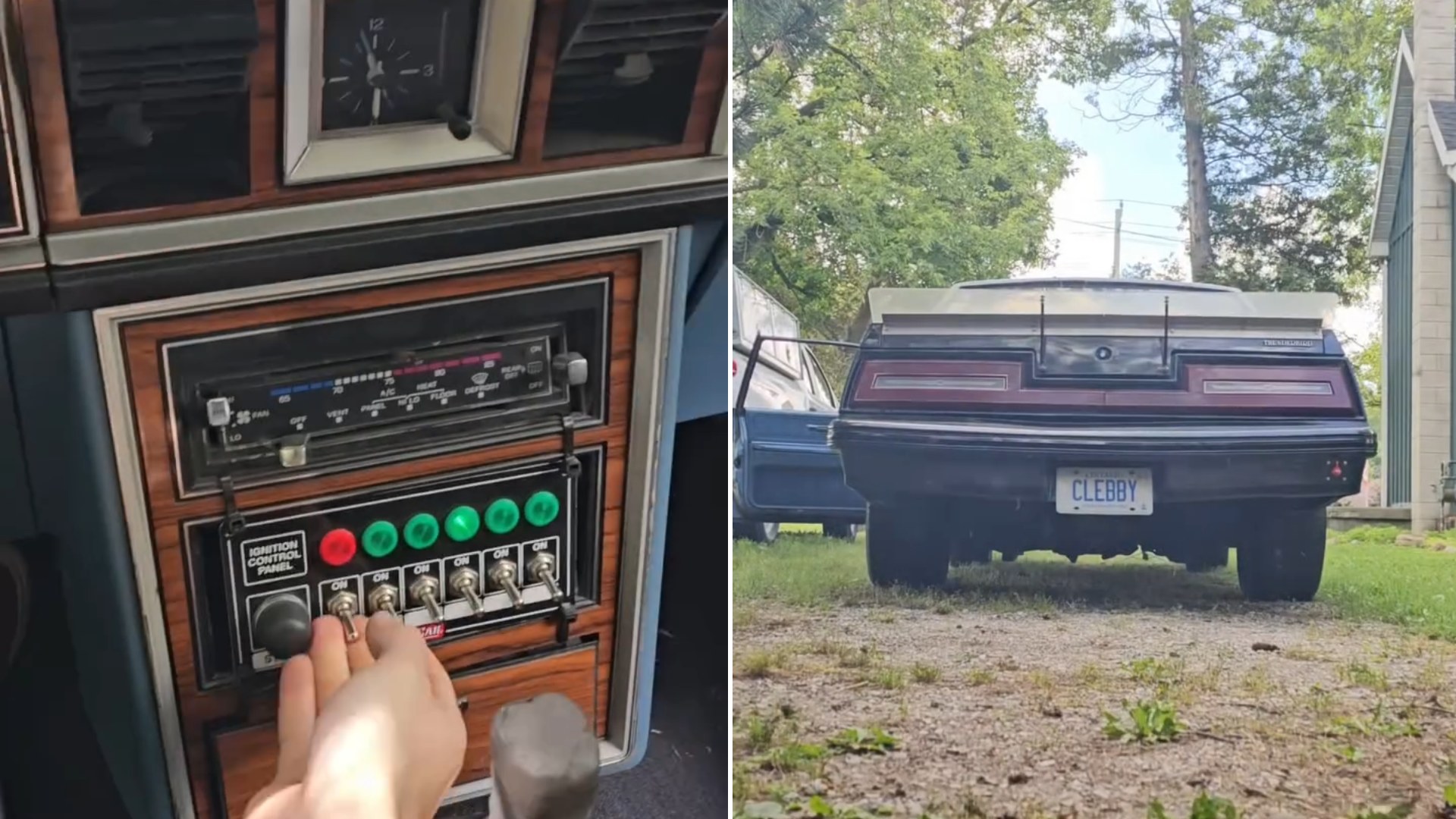 Split image: a hand flips a row of toggle switches on a custom panel in a wood-grain classic car dashboard, next to the rear of a dark 1980s coupe parked on gravel under trees