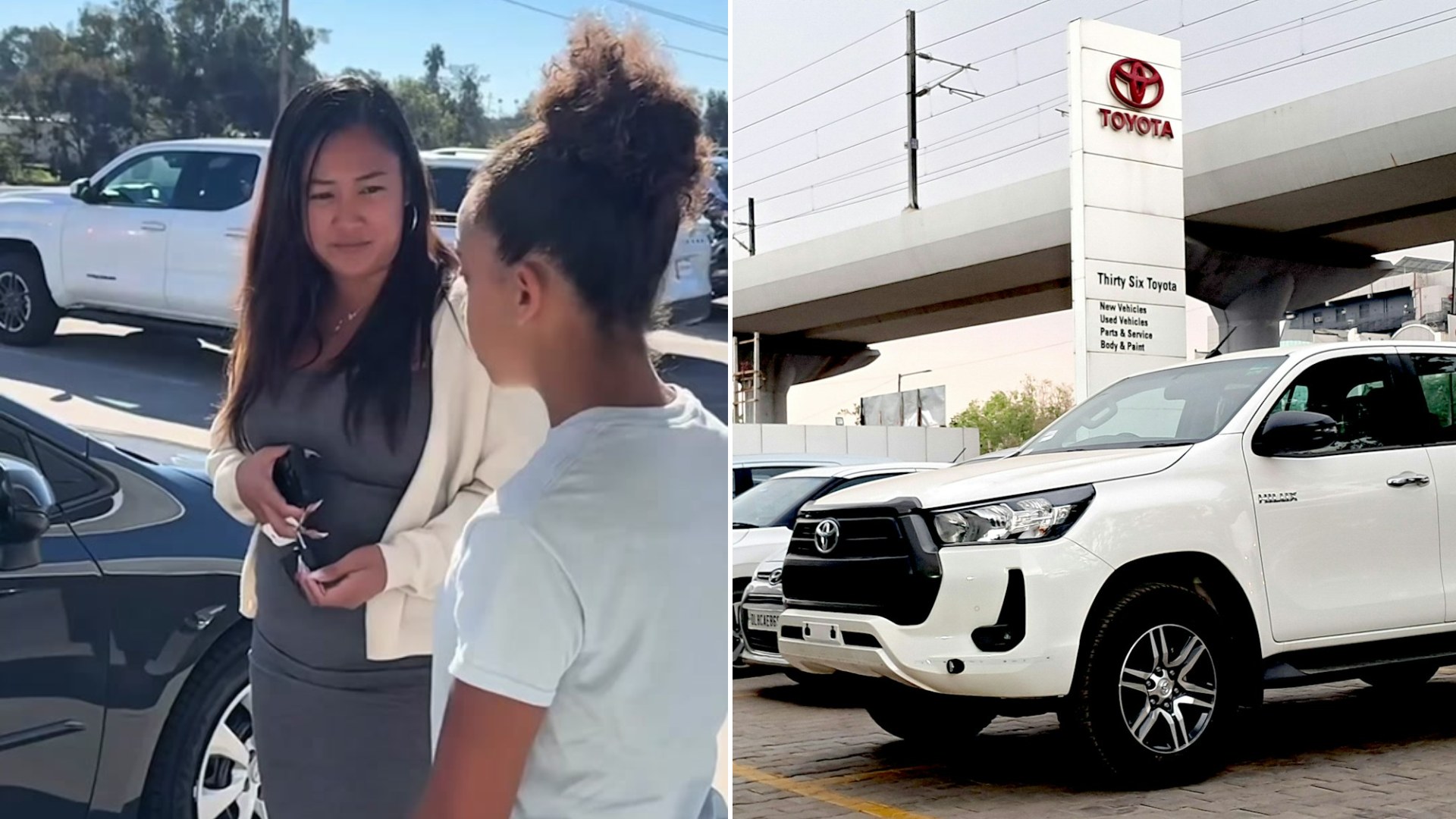 Split image: two people standing beside a car in a dealership lot during a surprise reveal, next to a white Toyota pickup truck parked under a Toyota dealership sign