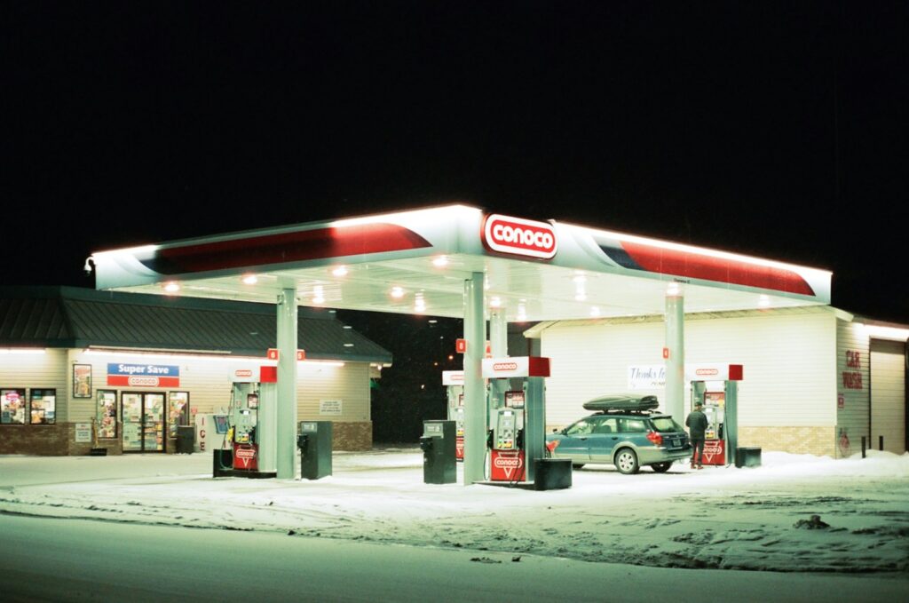 a gas station at night