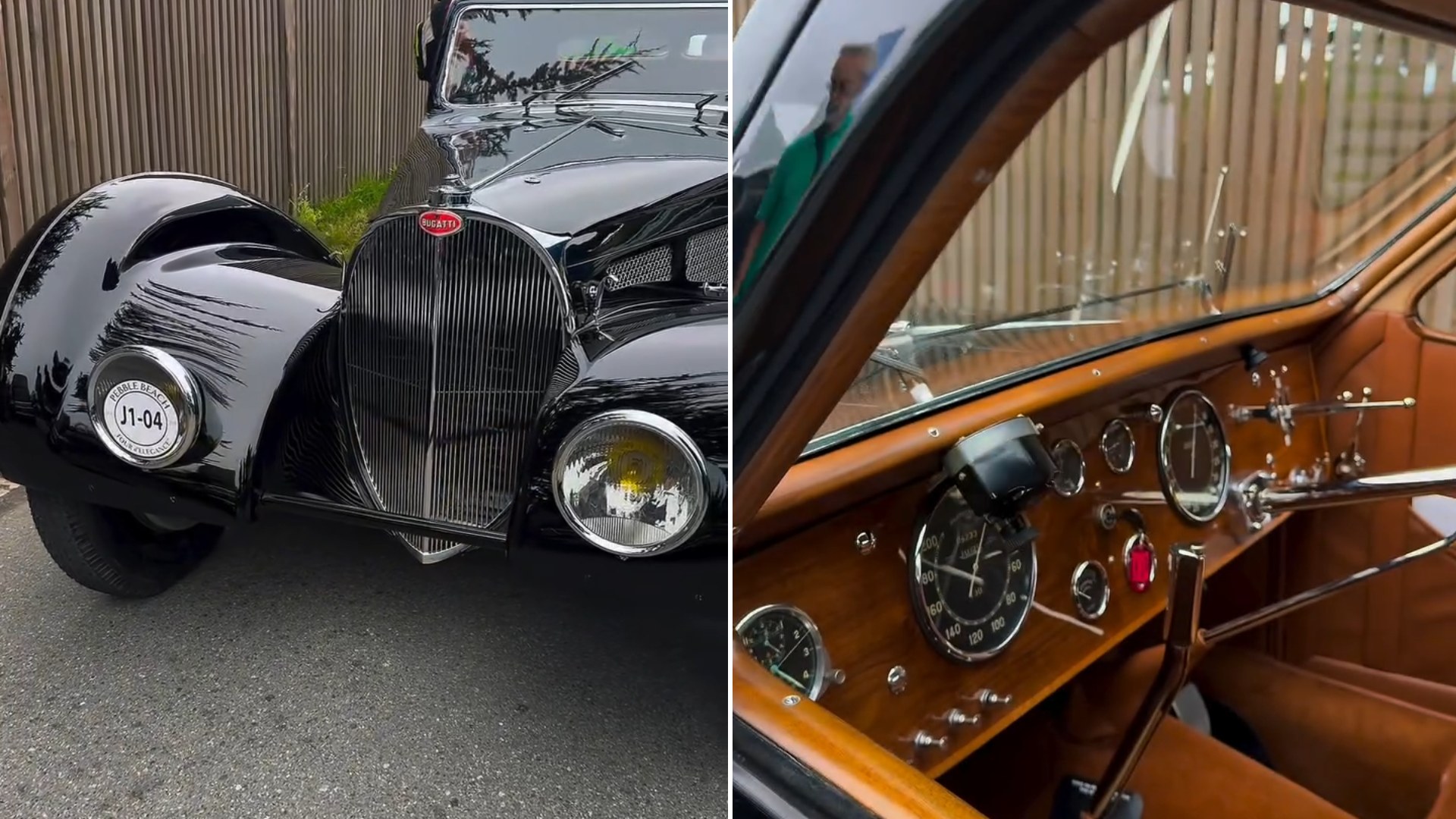 Split image: the front grille and swooping black fender of a 1930s Bugatti coupe at a car show, next to its wood dashboard with round gauges and tan leather interior