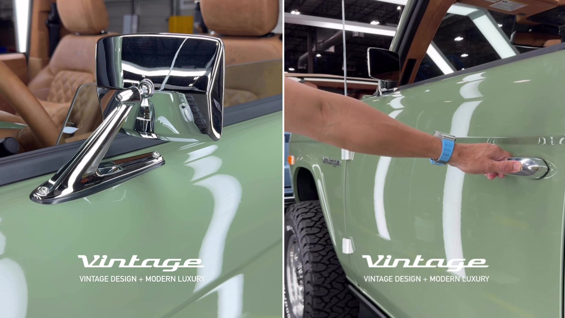 Split image: a chrome side mirror on a Boxwood Green restomod truck with brown leather seats visible inside, next to a hand reaching for the chrome door handle on the same green truck