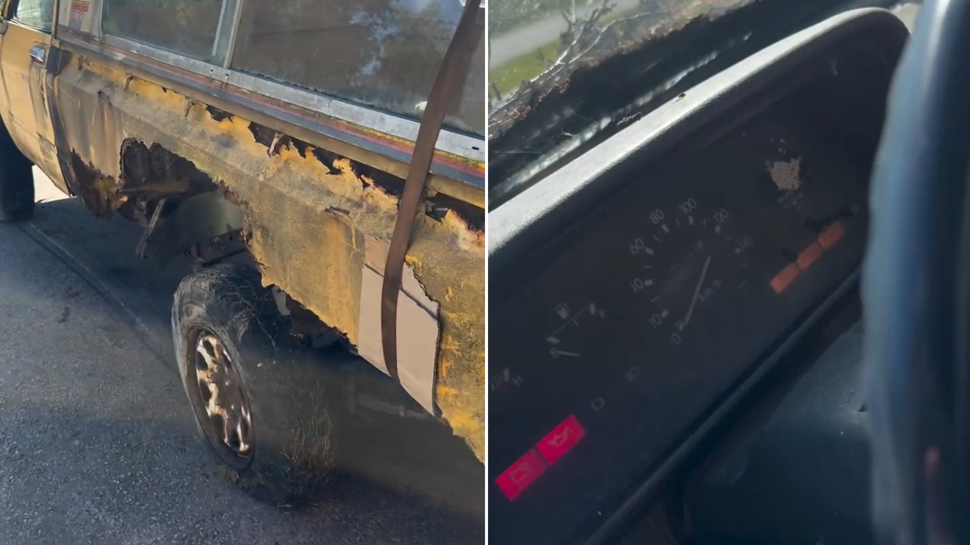 Split image: the badly rusted rear fender and bed of a yellow vintage Toyota pickup with a camper shell, next to the dusty instrument cluster and steering wheel inside