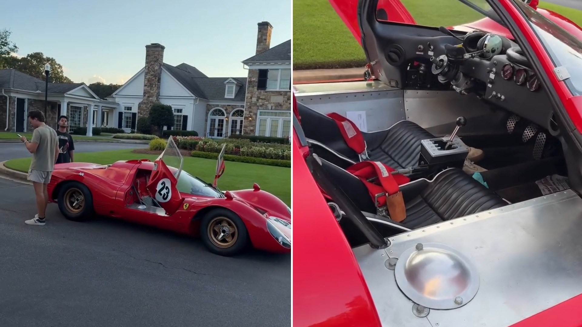 Car Spotter Films a Red Ferrari P4 Style Race Car Parked on a Quiet Residential Street With Its Roof Barely Waist High and No Word on Whether It Is an Original or a Recreation