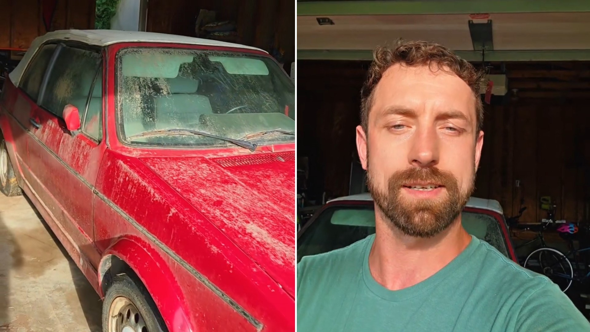 Dirt-covered red project car beside the mechanic who took on its revival