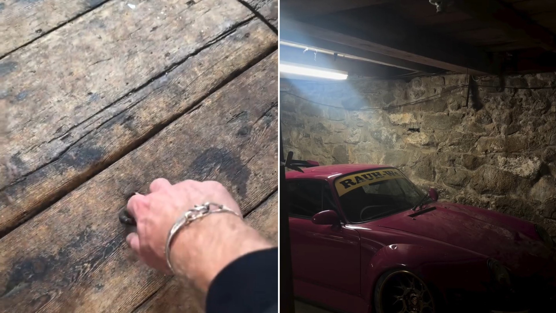 Creator Lifts an Iron Ring in a Barn’s Plank Floor to Show a Wide Body Magenta Porsche 993 Parked in the Stone Cellar Below and Asks What You Would Do if You Found It