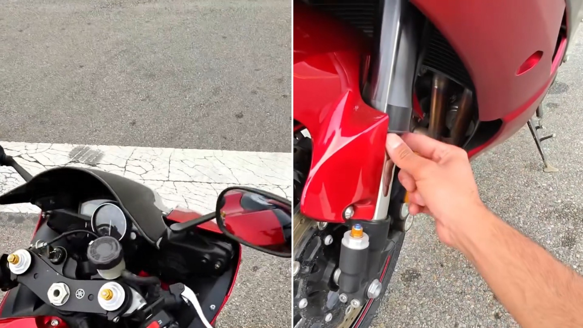 Cockpit and mirrors of a red Yamaha R6 and a hand on its front fork