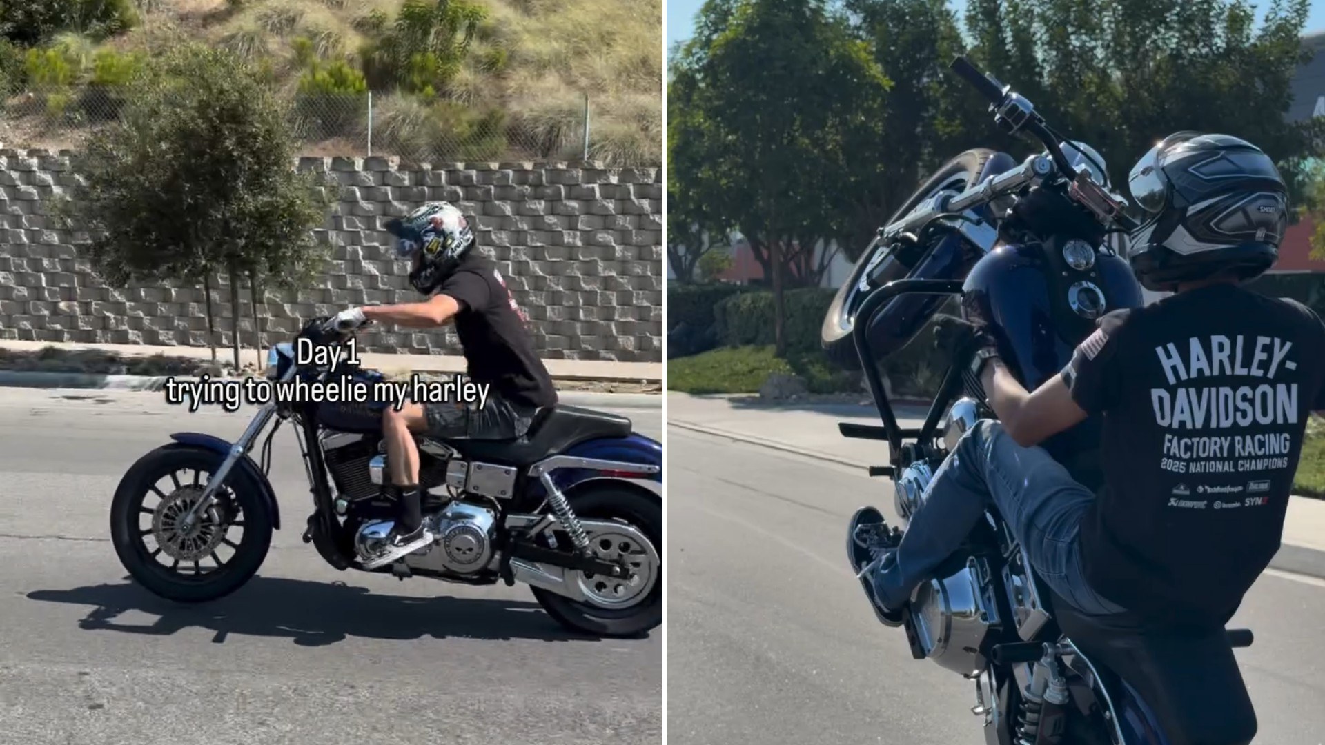 Rider Shows Day 1 of Trying to Wheelie His Harley Dyna and Then Day 365 With the Same Blue Bike Standing Nearly Straight Up and His Arms Stretched Out Wide