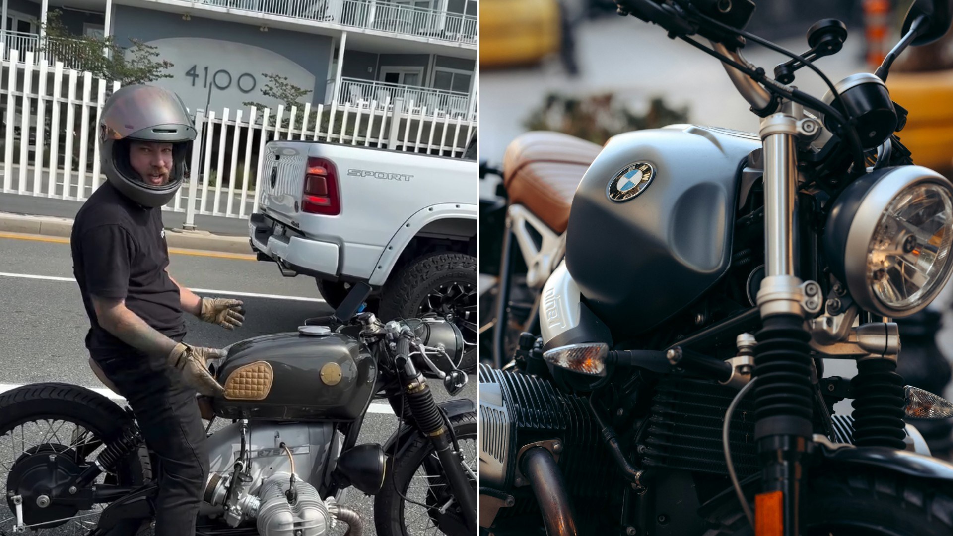 Motorcycle Videographer Spots a Low Custom BMW Boxer With a Woven Tank Panel Stopped in Traffic Beside a Pickup and Gets Its Helmeted Rider Talking Right There in the Lane