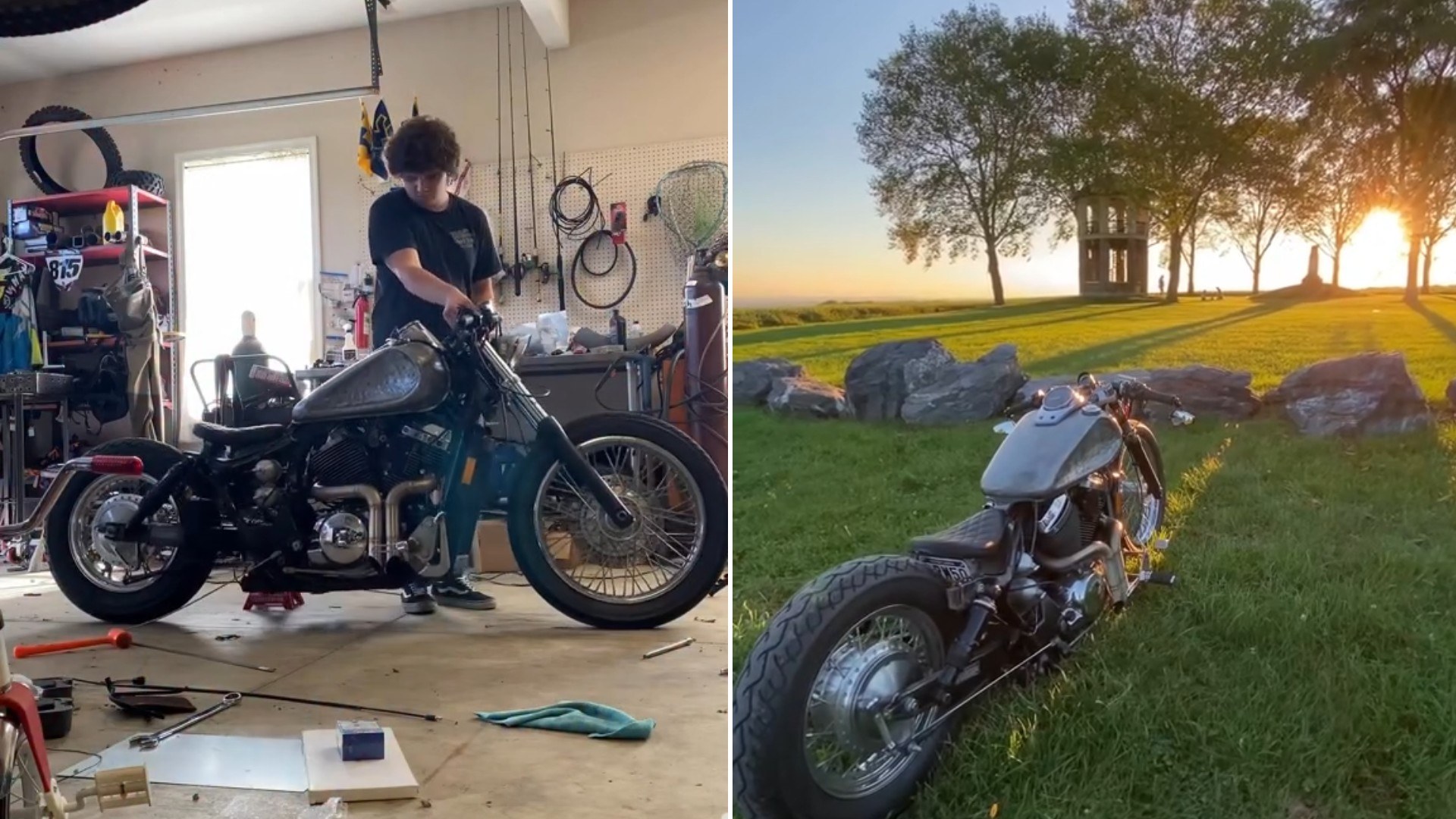 Rider working on a custom bobber in a garage and the finished bike parked at sunset