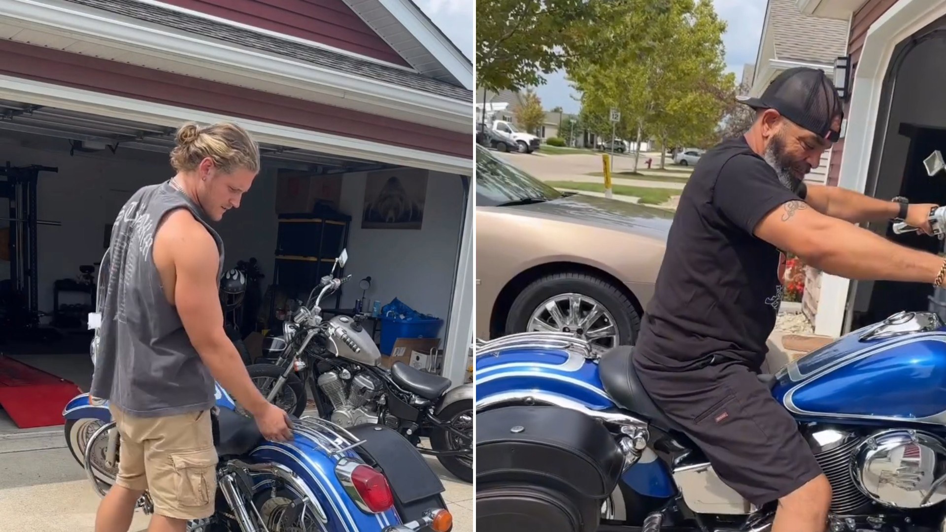Man repairing a stranger's blue motorcycle in a garage and the owner riding away
