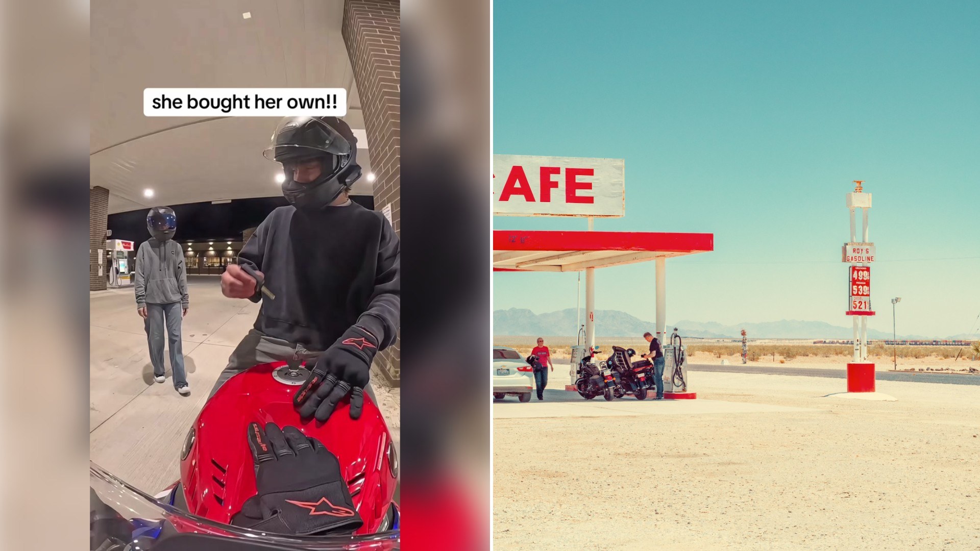 Left: Instagram reel still of a woman on her new red motorcycle at a gas station, captioned "she bought her own!". Right: a desert gas station (Unsplash photo by Radek Skrzypczak).