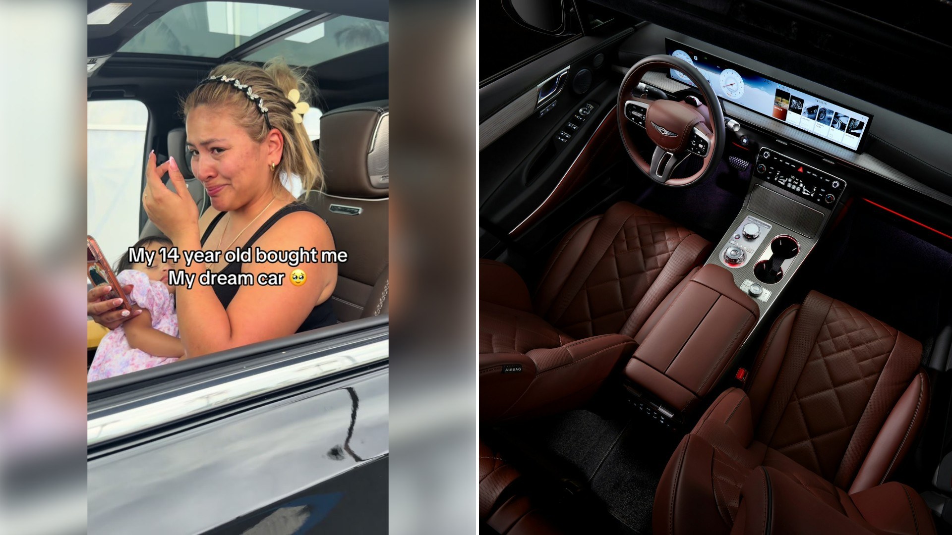 Mother Wipes Away Tears in the Front Seat of the Black GMC Her 14 Year Old Son Bought Her as He Leans In Through the Window in a Bike Helmet to Give Her a Hug