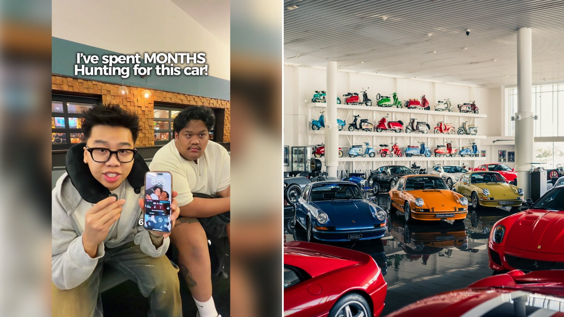 Two friends holding up a phone after months of hunting for a car. Right panel: stock photo of a car showroom by Mubashir Shoukat via Unsplash