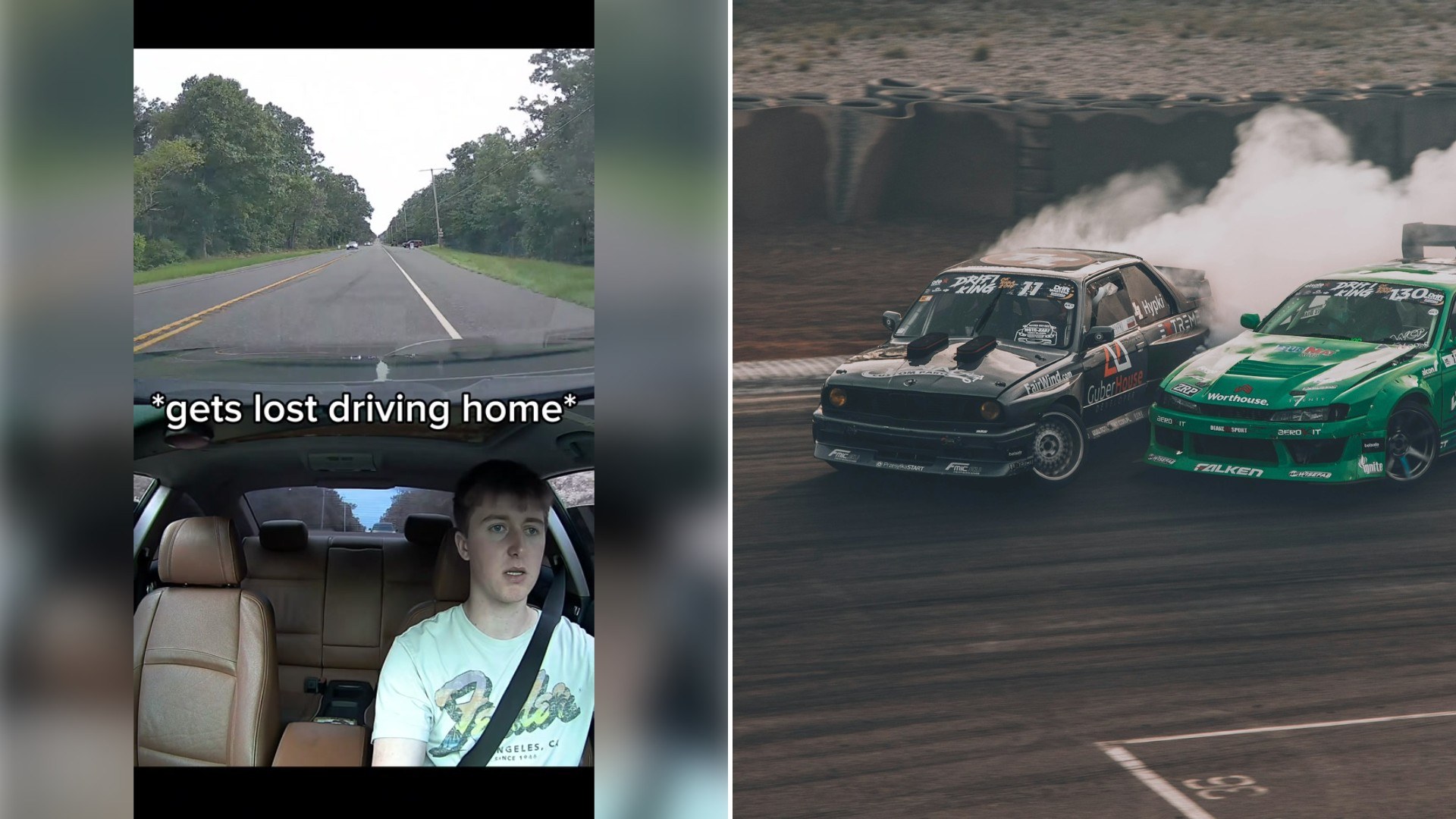 Lost Driver Turns Down an Unfamiliar Back Road on His Way Home and Ends Up Parked at a Race Track Watching Drift Cars Slide Past the Fence in Clouds of Tire Smoke Until Dark