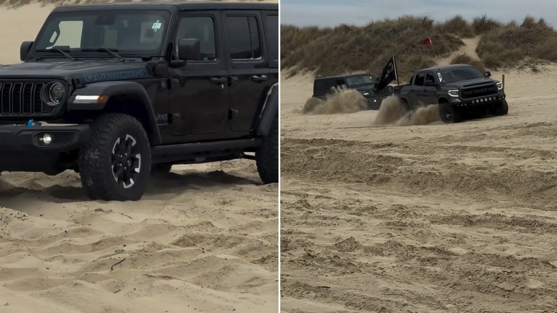 Tundra Driver Comes to the Rescue of a Black Jeep Wrangler Stuck in Soft Sand at the Foot of the Dunes and Drags It Clear on a Tow Rope With Sand Flying From His Tires