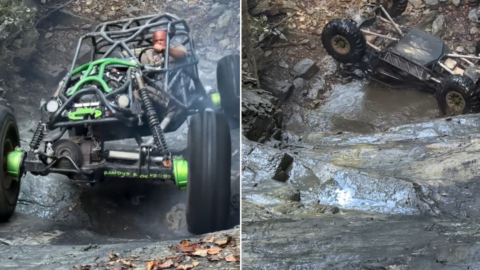 Rock Buggy Driver Backs Down a Wet Stone Slab in a Smoke Filled Ravine Before the Rig Ends Up on Its Side in a Muddy Pool for the Crew’s First Rollover on Hotdog Hill