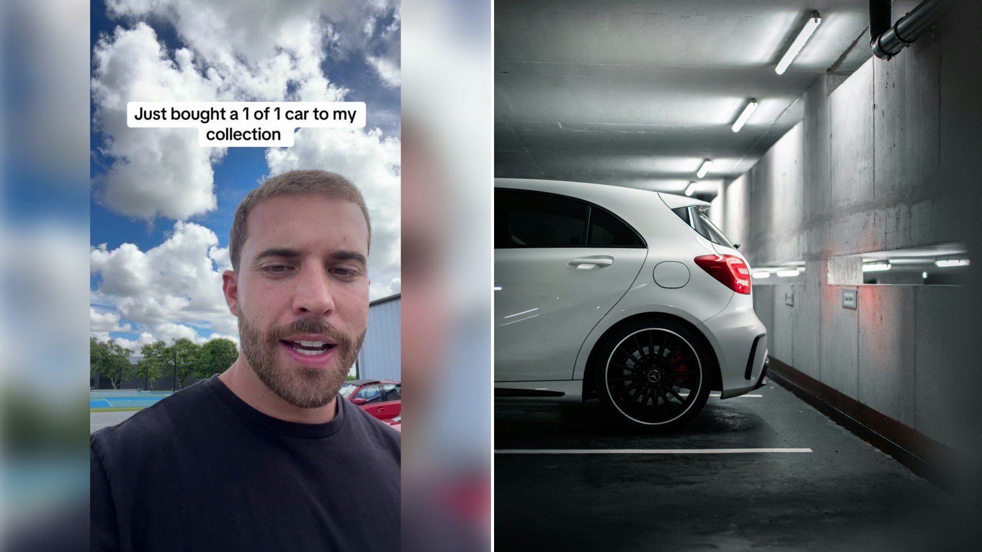 Car collector talking about his one-of-one purchase. Right panel: stock sports car photo by Claude Gabriel via Unsplash