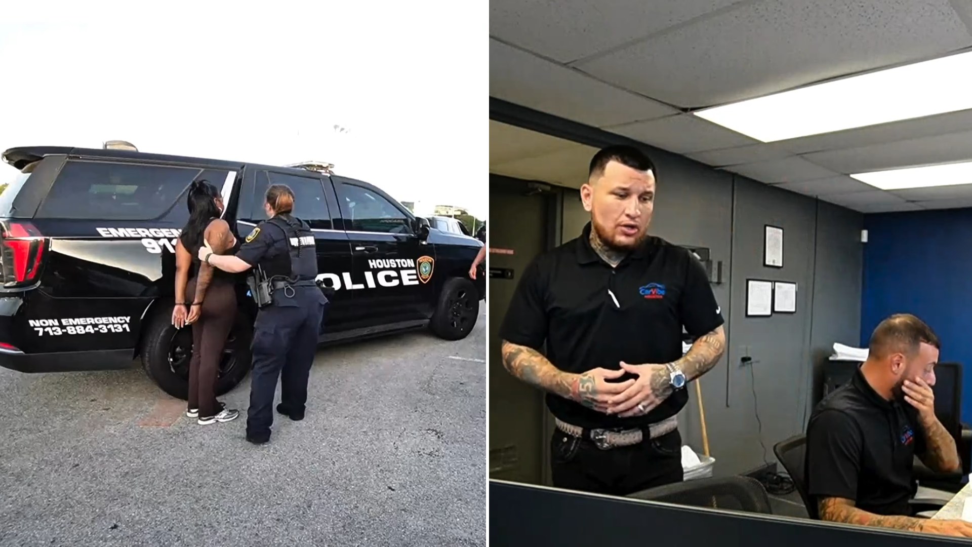 Two frames from the stevoogotmerollin Instagram reel: left, a Houston police officer placing a handcuffed suspect into a patrol SUV; right, the dealership manager talking in the finance office