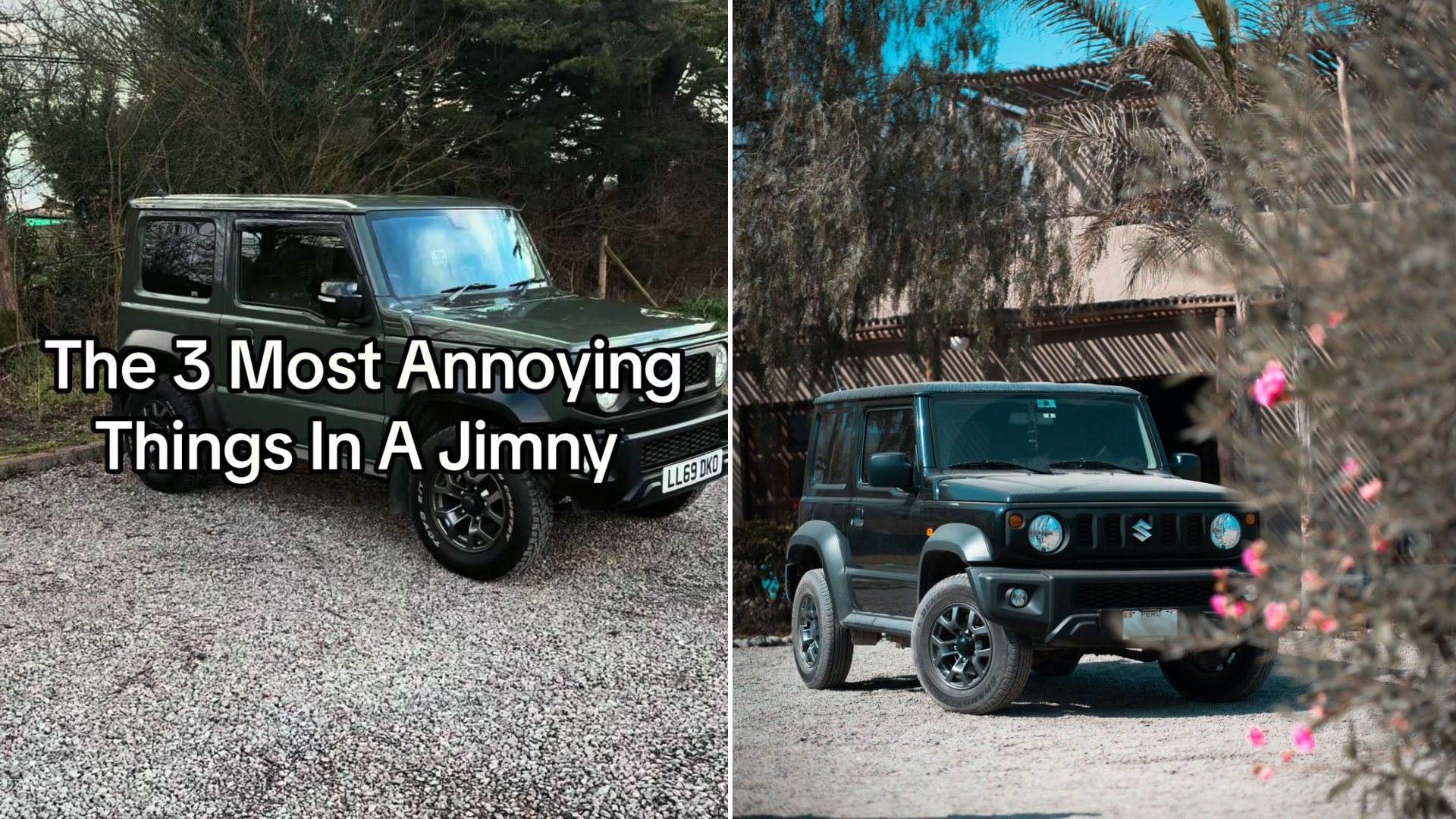 Split image: a black Suzuki Jimny parked on gravel with the on-screen caption "The 3 Most Annoying Things In A Jimny", next to a black Suzuki Jimny parked beside a country house