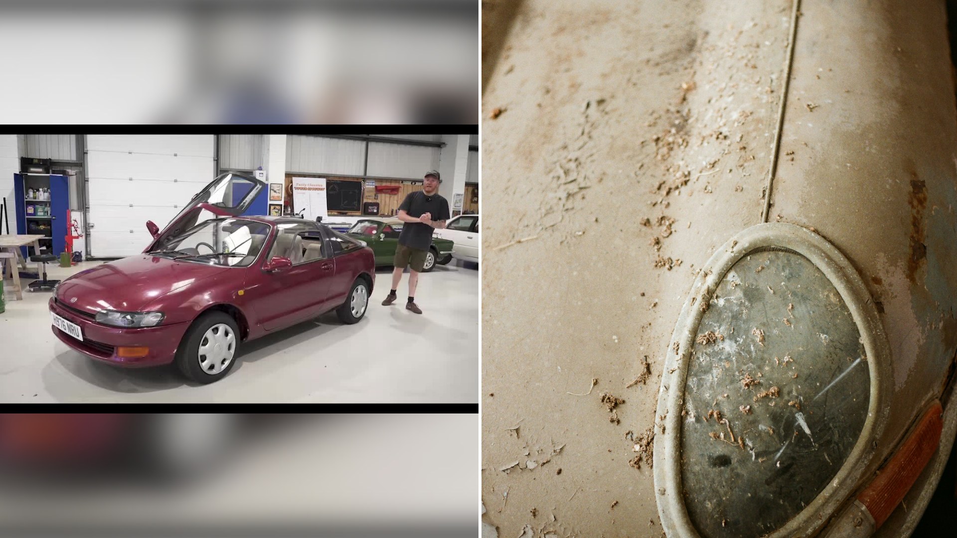 Split image: a maroon Toyota Sera with its butterfly door raised inside a workshop, next to a close-up of a dusty, weathered headlight on an old car