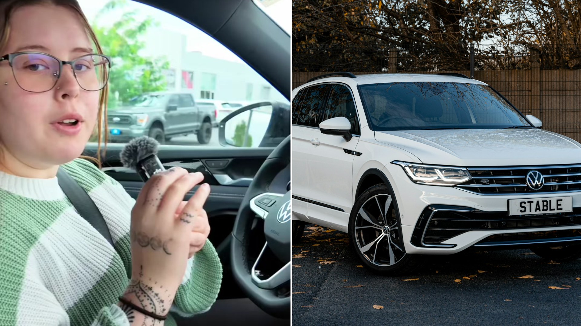 Split image: a woman in a green striped sweater holding a small brush while seated in a Volkswagen, next to a white Volkswagen Tiguan R-Line parked outdoors