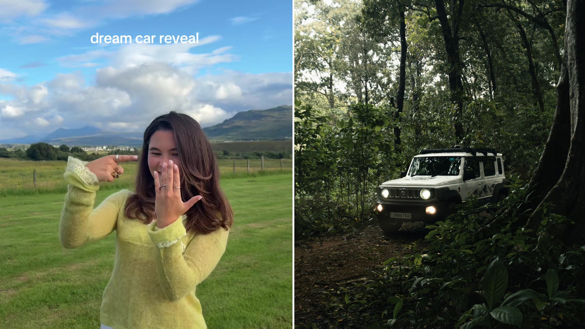 Split image: a woman in a yellow sweater covering her mouth in excitement in a field with the caption "dream car reveal", next to a Suzuki Jimny driving along a forest trail