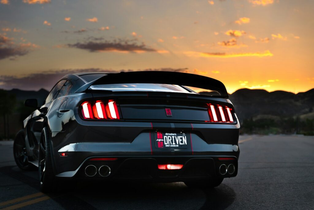 black ford shelby gt350 at sunset