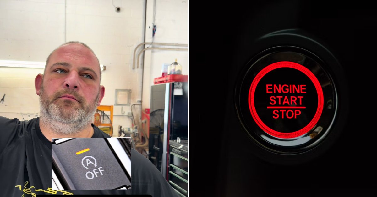 TikTok still of a mechanic in a shop discussing auto start stop beside a car engine start photo