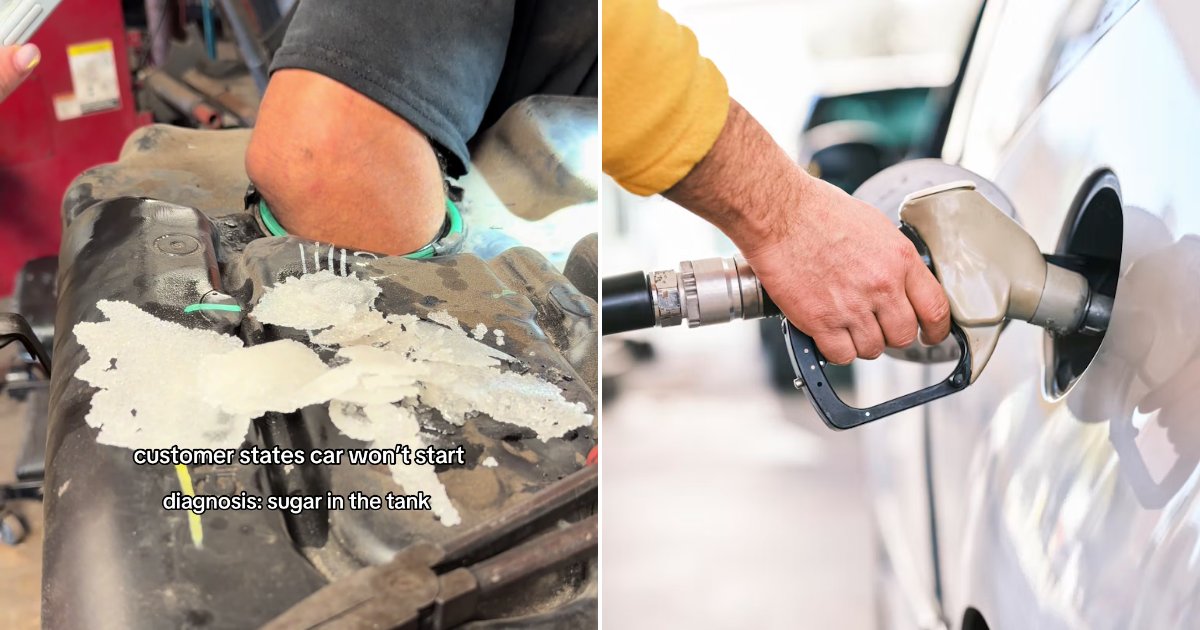 TikTok still of a mechanic pulling crystallized sugar from a removed fuel tank beside a fuel tank photo