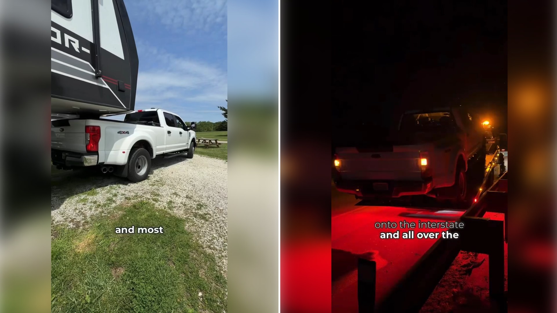 Two moments from an Instagram reel: a white dually truck hitched to an RV, then the truck on a tow-truck flatbed at night.
