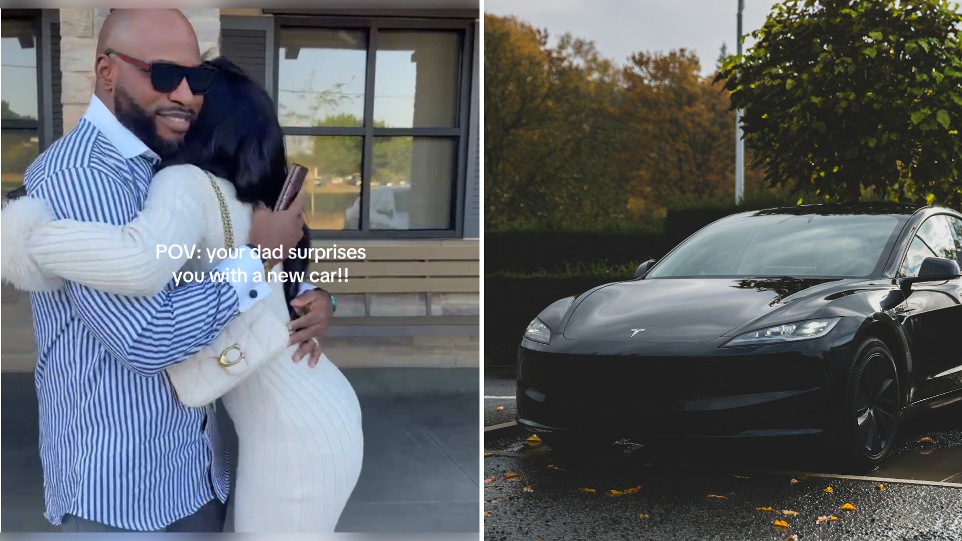 Left: Instagram reel still of a father hugging his daughter, captioned "POV: your dad surprises you with a new car!!". Right: a dark Tesla Model 3 parked beside a charger (Unsplash photo by Bram Van Oost).