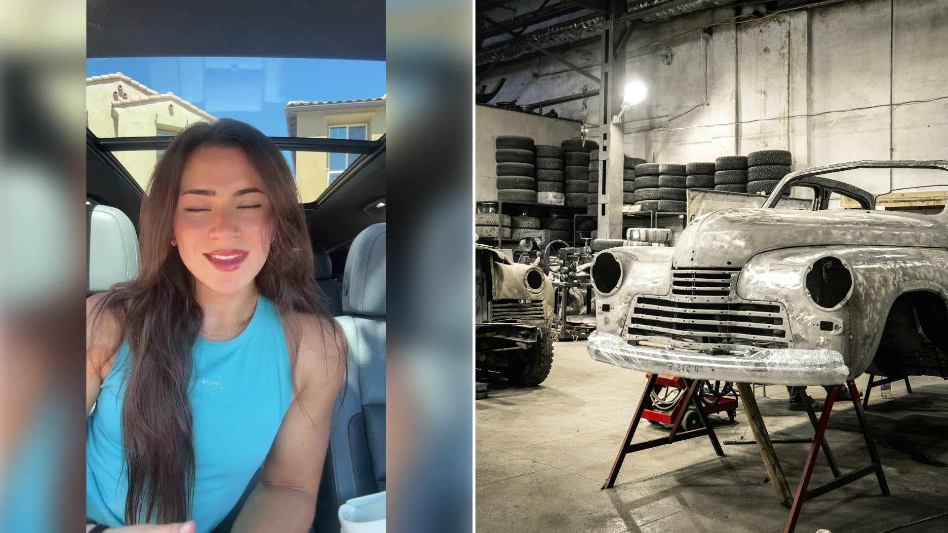 Left: cover still from a TikTok video by @eriniveson. Right: a vintage car in a workshop (Unsplash photo by Egor Vikhrev).