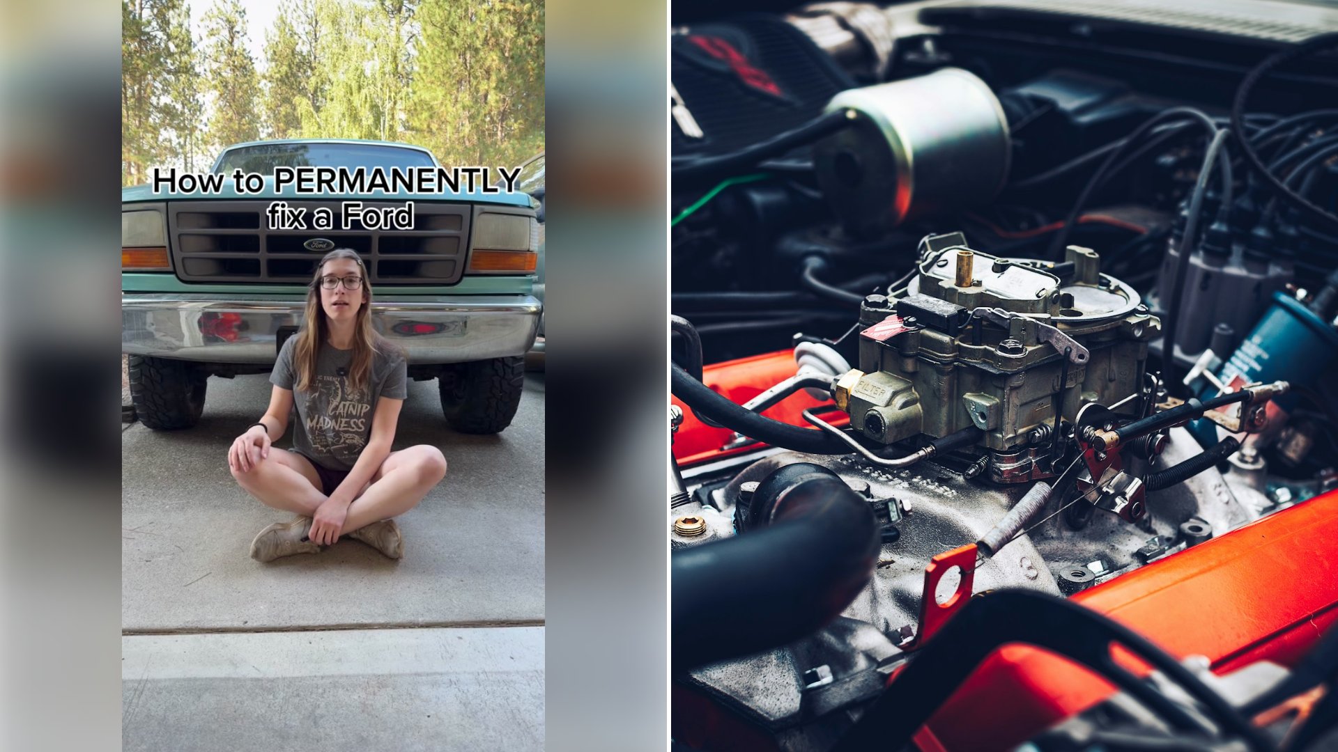 Left: cover still from a TikTok video by @cayleependerass. Right: a close-up of a car engine (Unsplash photo by Alex Marc Wagner).