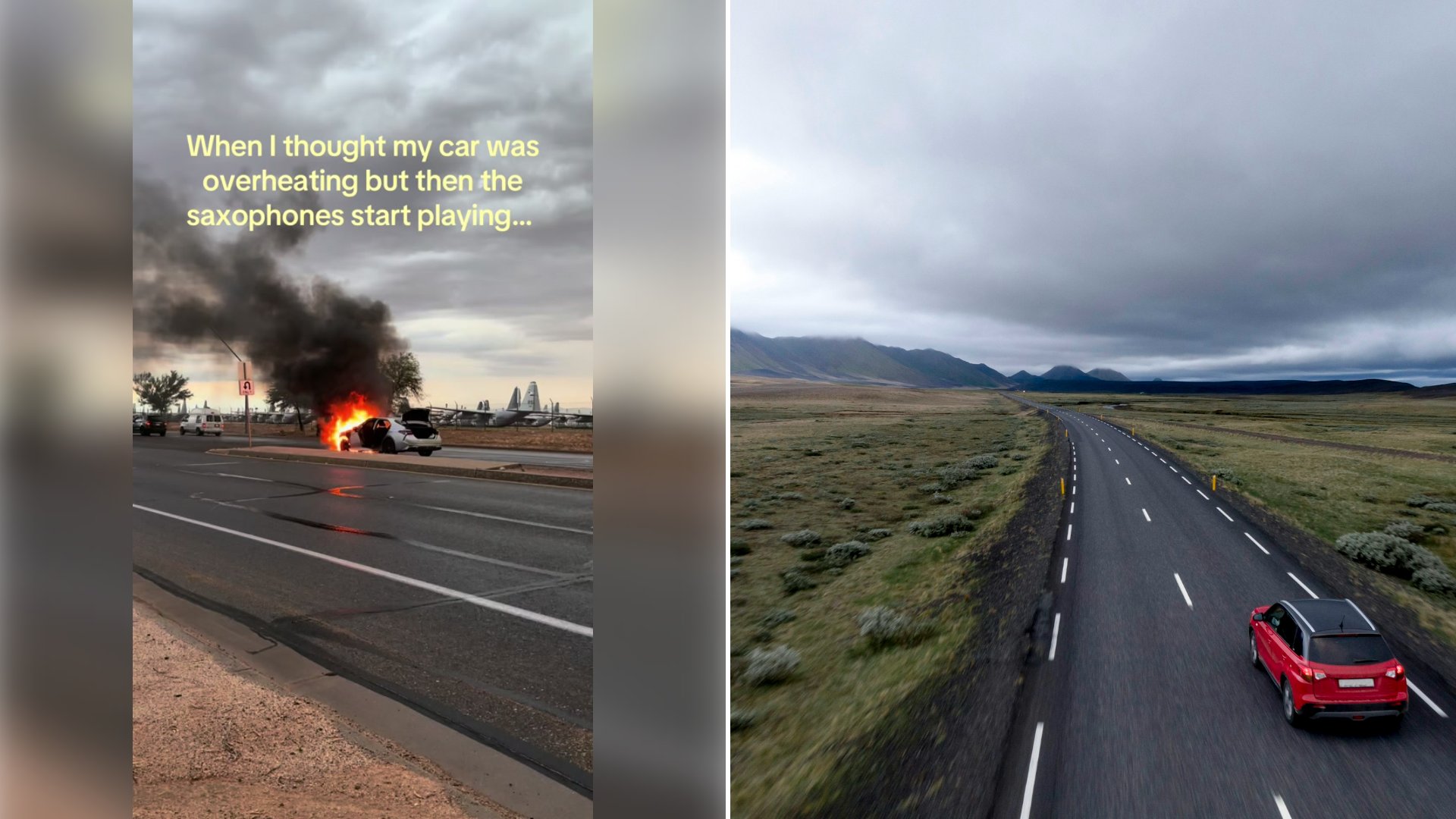 Left: cover still from a TikTok video by @n.riesgo. Right: a red hatchback on a country road (Unsplash photo by Maksim Tarasov).