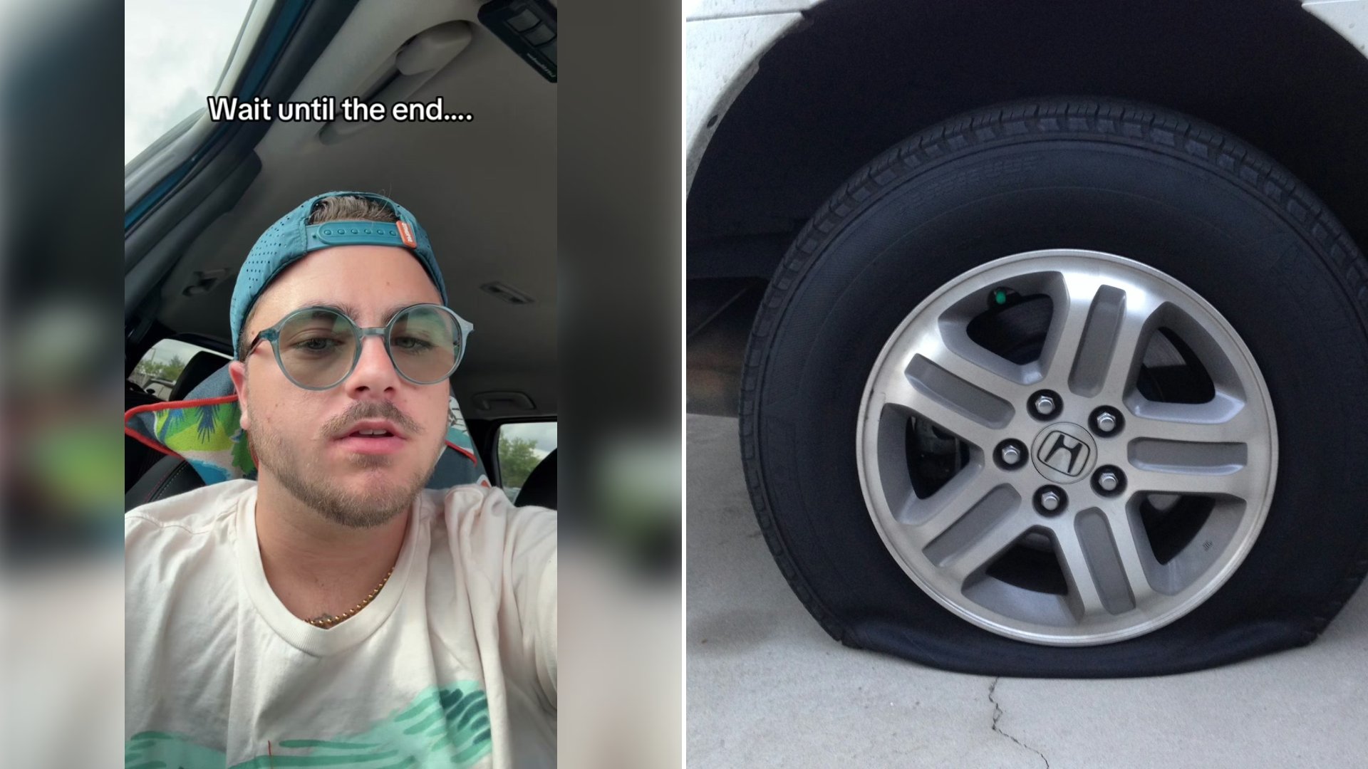 Left: cover still from a TikTok video by @peterpetrella. Right: a deflated car tire (Unsplash photo by Lee Ann Jackson).