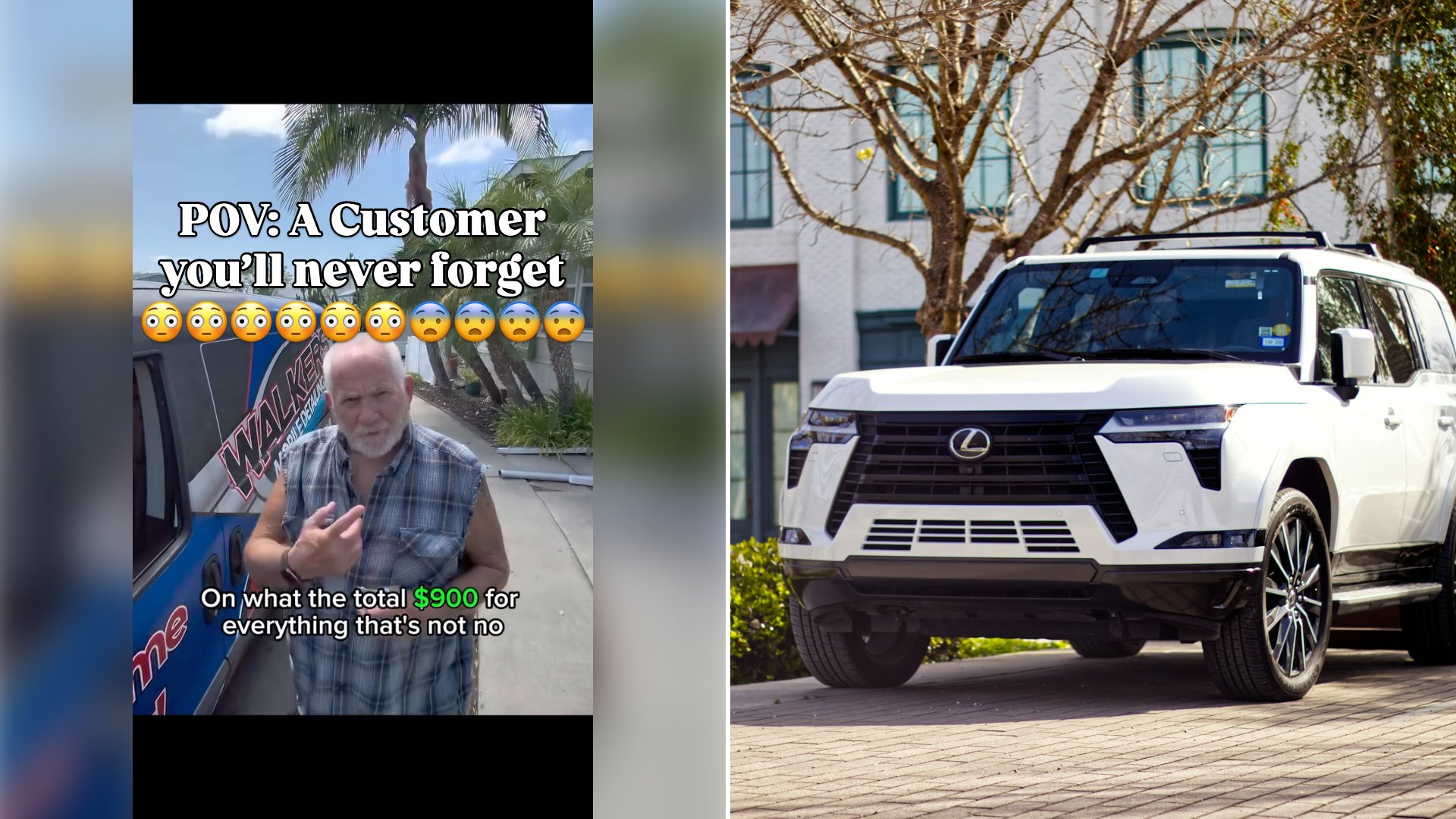 Left: cover still from an Instagram reel by @walkersmobiledetailing. Right: a white Lexus SUV parked in front of a building (Unsplash photo by Kenny Perez).