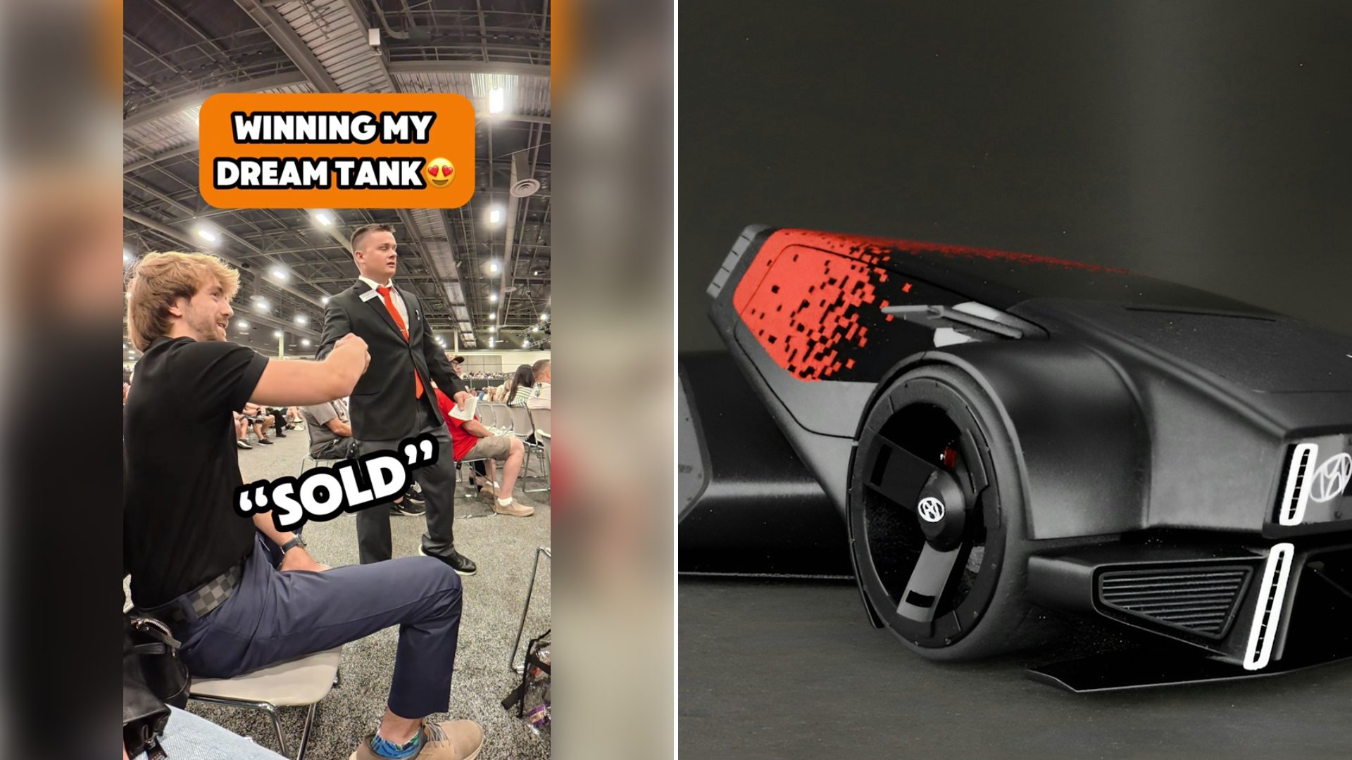 Left: cover still from a TikTok video by @jandikrobbie. Right: a futuristic black car with red accents (Unsplash photo by Christoph Peter).