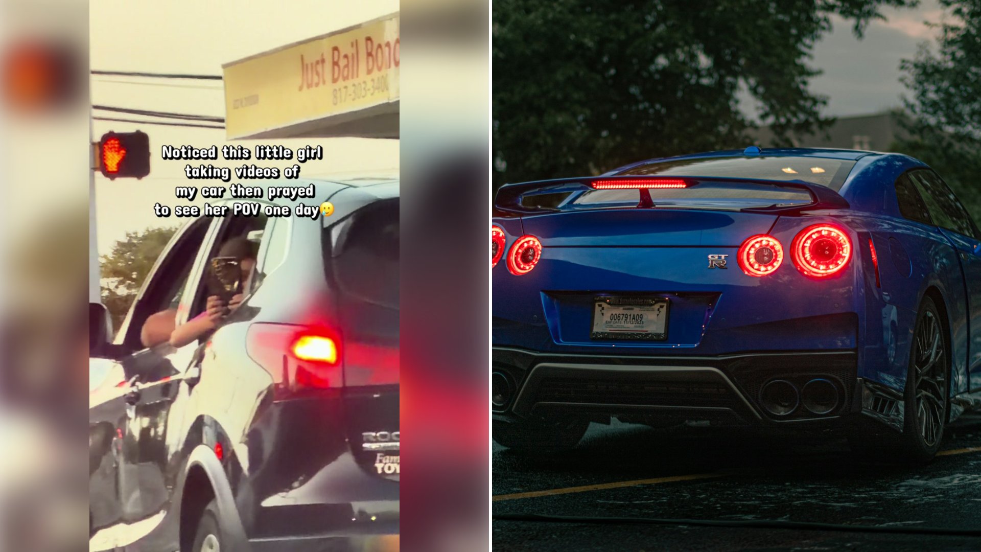 Left: cover still from a TikTok video by @z34.akina. Right: a blue sports car parked in a lot (Unsplash photo by Isaiah Adams).