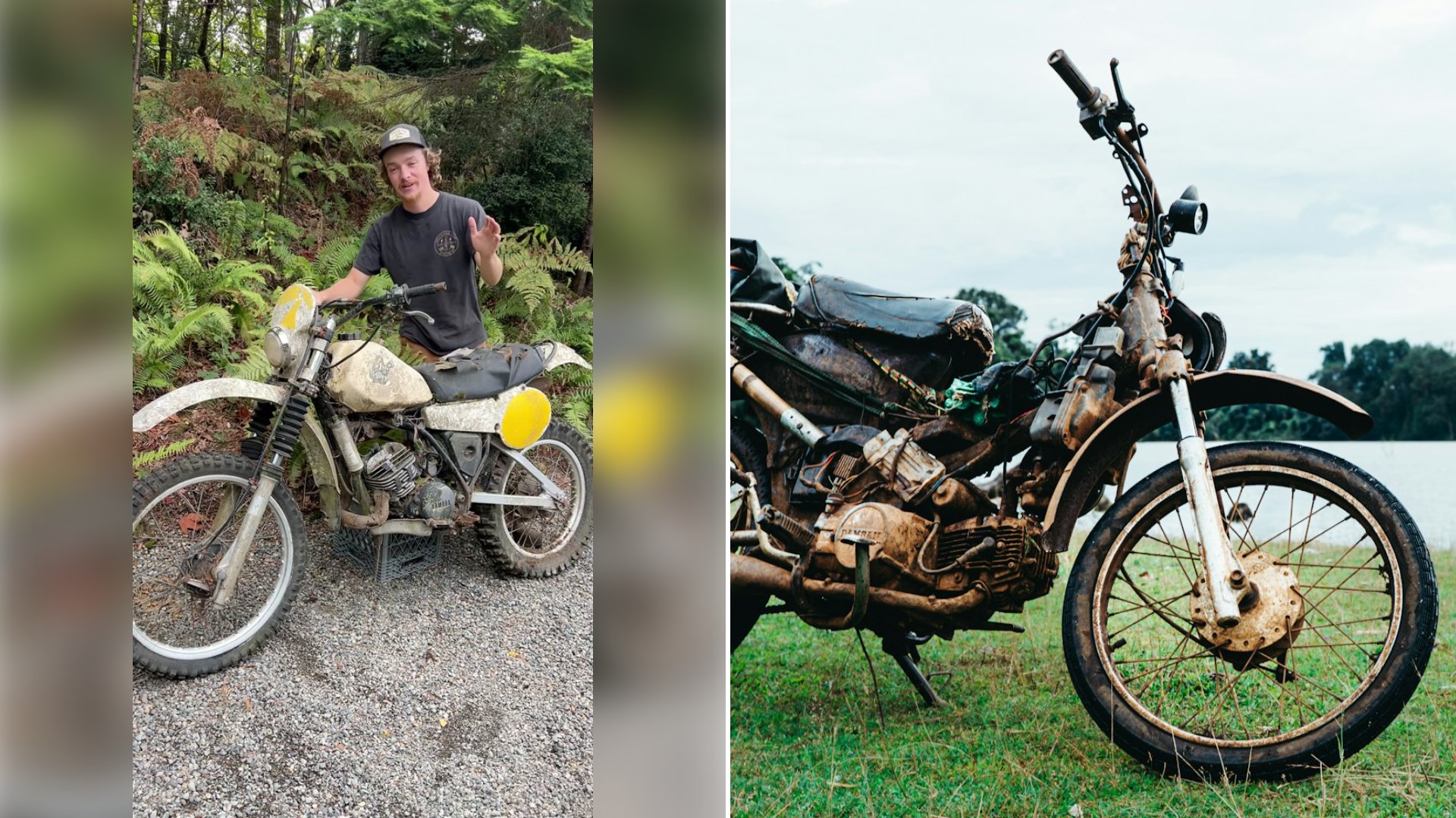 Left: cover still from a TikTok video by @thebarnbrothers. Right: an old motorcycle parked on a grassy field (Unsplash photo by Chu CHU).